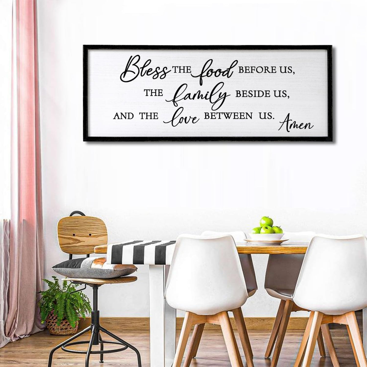 Bless the Food Before Us, the Family Beside Us, and the Love between us Framed Wall Art for Christian God Jesus Christ Prayer, 40''×15'' Positive Holy Religious Rustic Bible Verse for Dining Room