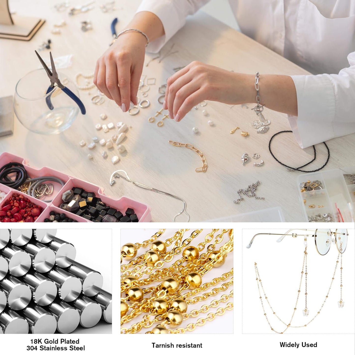 33 Feet Gold Satellite Bead Chains Roll, 2mm 18K Gold PVD Plated 304 Stainless Steel Ball Beaded Cable Link Chains Spool Bulk for Jewelry Making DIY Craft