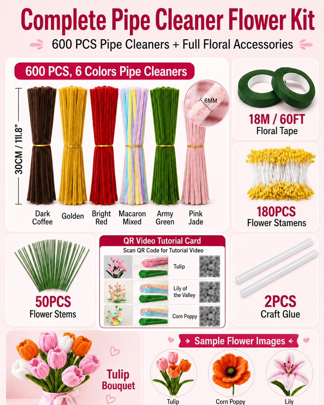 Anpyxun Pipe Cleaner Flower Kit for Adults, DIY Flower Bouquet Kit with Step-by-Step Video Tutorials, 600PCS Flower Craft Set for Beginners, Handmade Forever Flower Bouquet Making Supplies