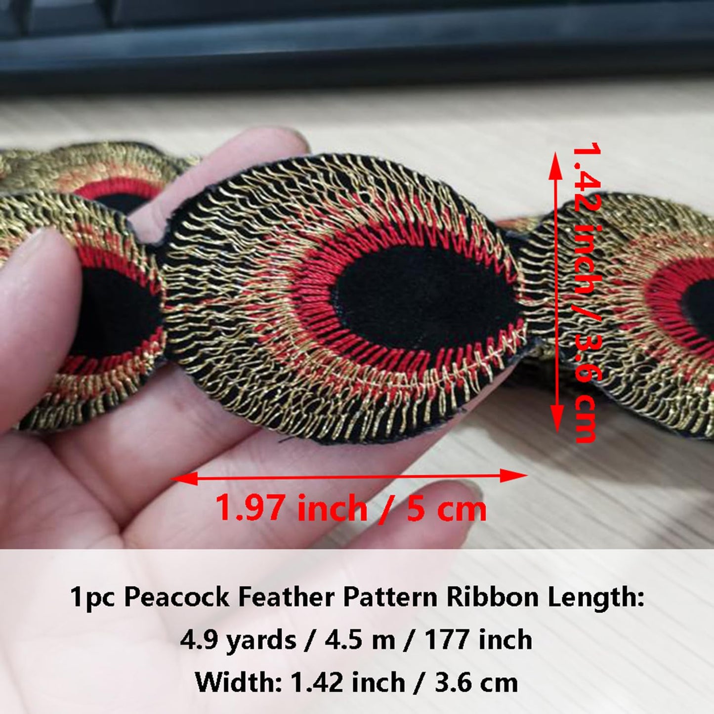Inzegao 4.9 Yards Peacock Feather Embroidery Pattern Lace Ribbon Ethnic Style Iron-On Patch for Decor Crafts Costume Design
