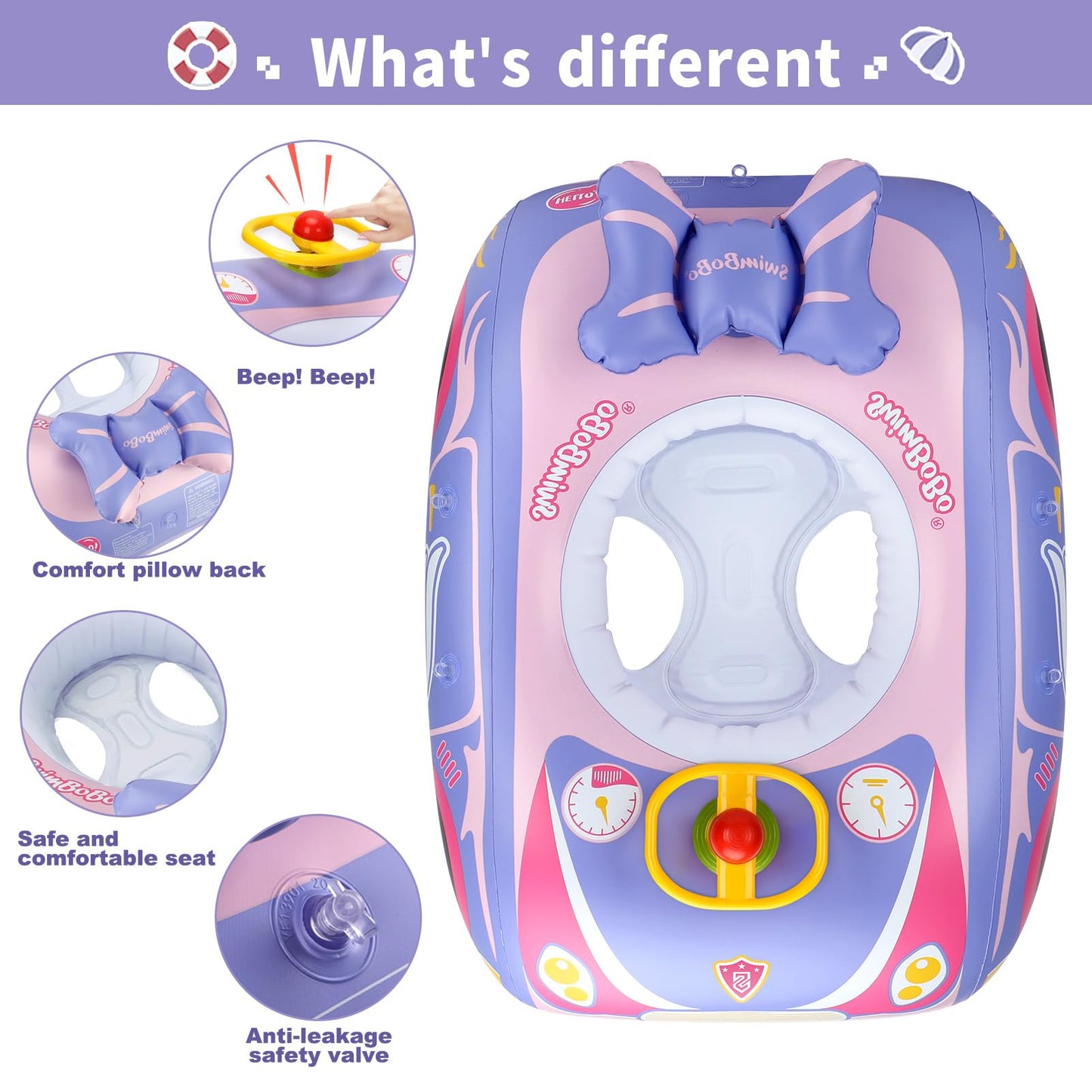 Swimbobo Toddler Pool Float Inflatable Car Baby Swim Float with Adjustable Sun Canopy and Safety Seat Pool Toys for Kids 3+ Years Old(Purple Pink Car)