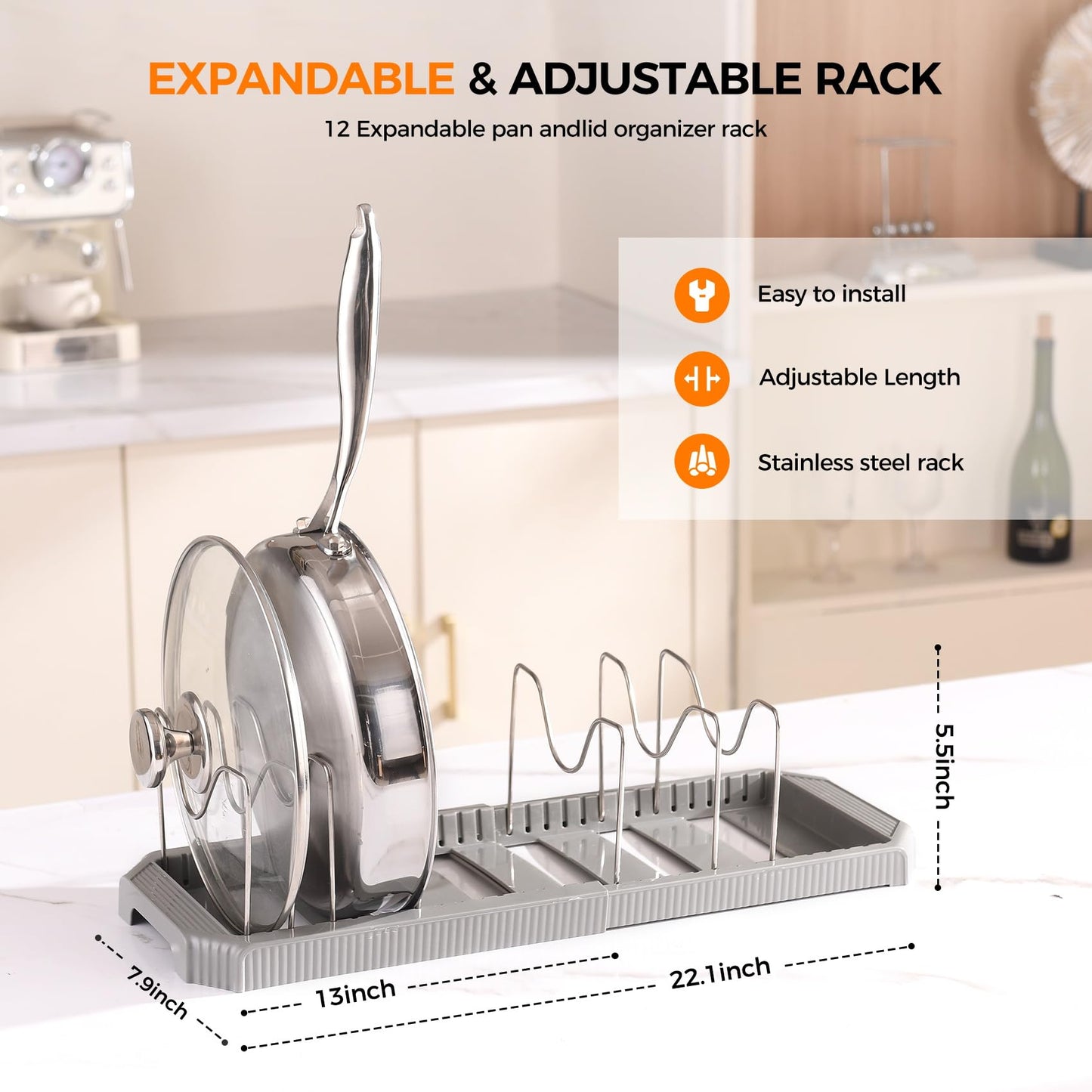 Adjustable Pot Lid Organizer Rack, 9 Compartments Cabinet Storage Holder for Pots, Pans, Lids, Cutting Boards, Bakeware