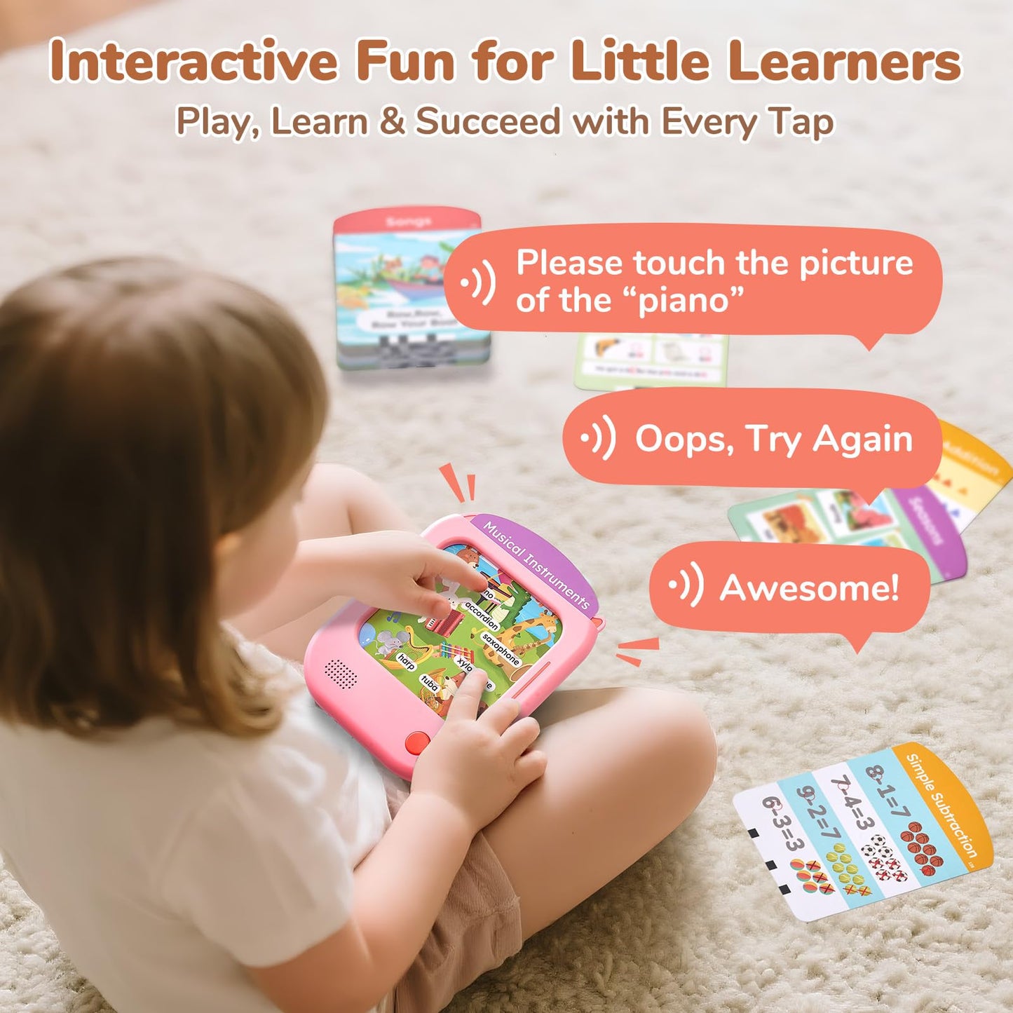 JoyCat Kids Learning Tablet, Phonics Talking Flash Cards, Learn to Read with 156 Pages, 40+ Themes, 600+ Words, 100+ Interactive Games, Screen-Free Learning Toys Birthday Gifts for 2-6 Year Old