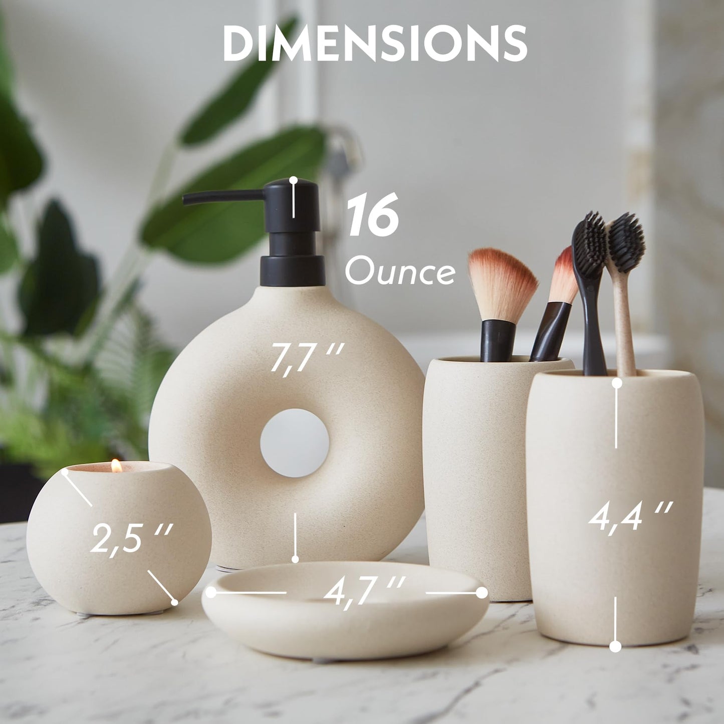 Terramoza Ceramic Bathroom Accessory Set, 5 Pcs - Soap Dispenser 16 Oz, Toothbrush Cup, Toothbrush Holder, Soap Dish, Candle Holder - Beige, Boho Bathroom Sink Decor, Modern Countertop Accessories