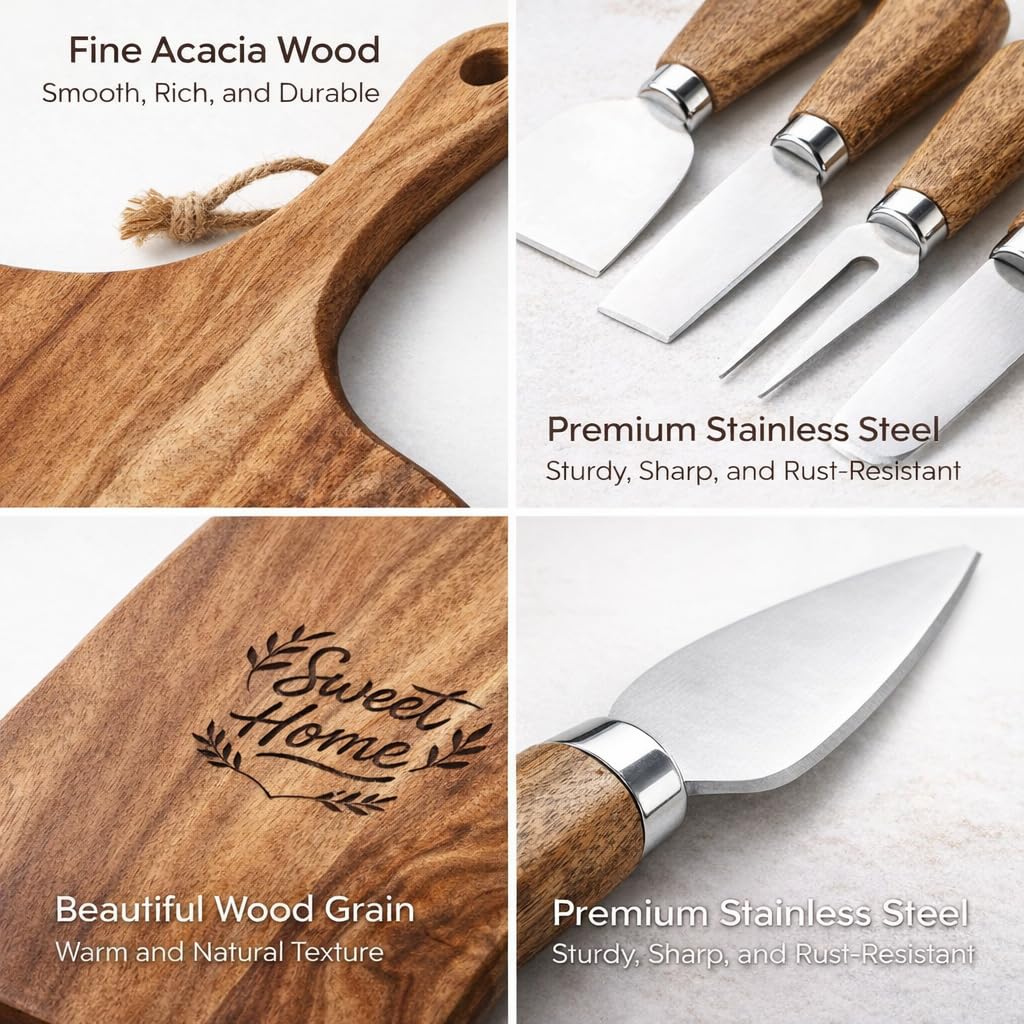 GleeNflux Charcuterie Board Gift Set, 9-Piece Acacia Wood Cheese Board with Knife Set, Elegant Serving Tray with Accessories, Gift Ready for Couples, Housewarming & Wedding