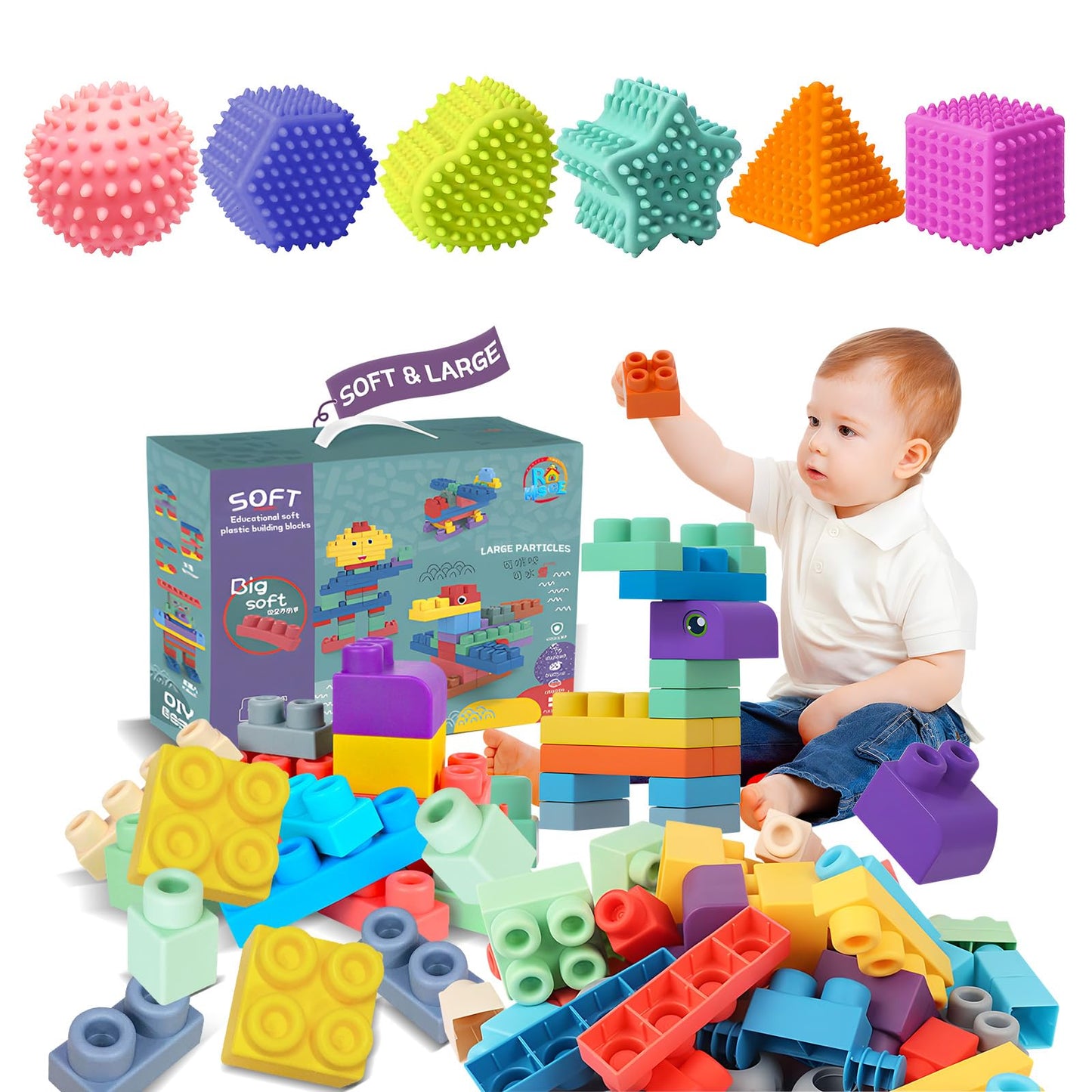 Baby Soft Blocks Building Block Toys, Babies Soft Rubber Baby Blocks 12-18 Months and Baby Sensory Balls, Montessori Toys Soft Baby Balls 6 to 12 Months Textured Geometric Shapes for Babies' Sensory D