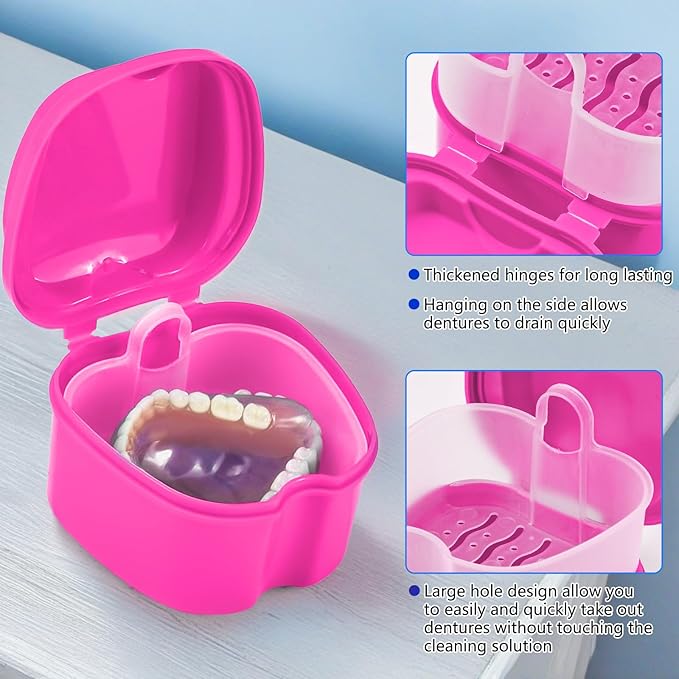 2 Pack Colors Denture Bath Case Cup Retainer Cleaner Holder Case False Teeth Soaking Container Dental Bath Storage Box Case with Strainer Basket and Brush - Rose Red & Black