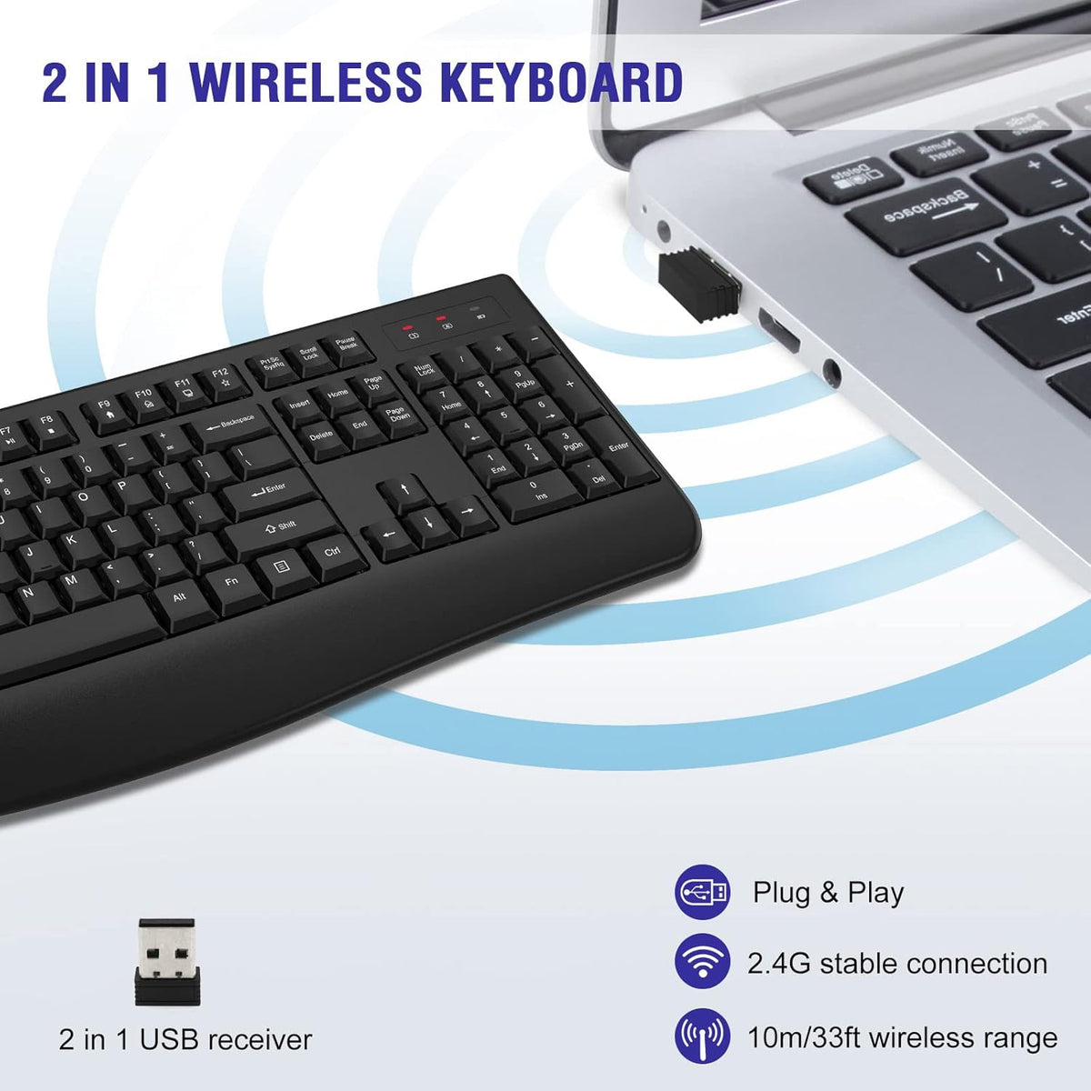 Wireless Keyboard, 2.4G Full-Sized Ergonomic Wireless Computer Keyboard with Wrist Rest for Windows, Mac OS Laptop/PC/Desktop/Notebook(Black)