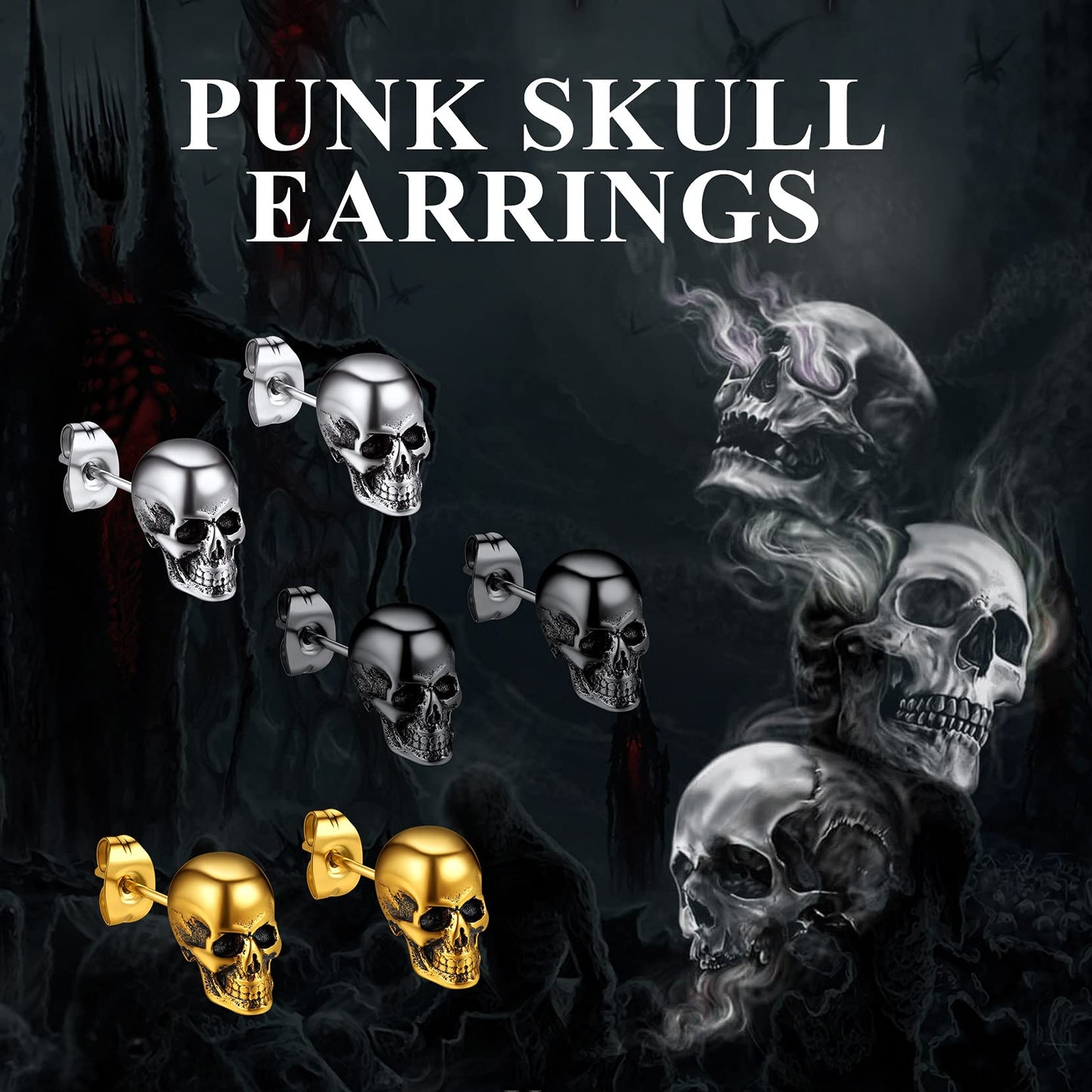 Stainless Steel Skull Stud Earrings for Men Women Punk Rock Ear Piercing Earring Halloween Jewelry