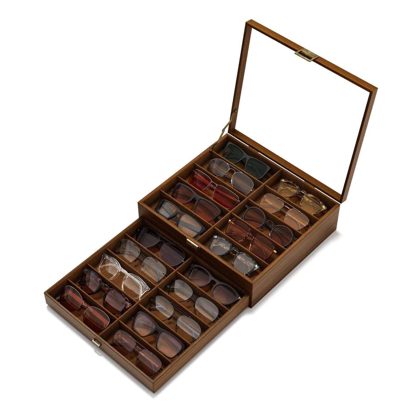 NEWLOOP Sunglasses Case Storage Organizer - Sunglass Organizer See-through Display Case Multiple Pairs Glasses Holder Stand 2-layer Eyeglass Jewelry Watch Collection Box for Men Wooden