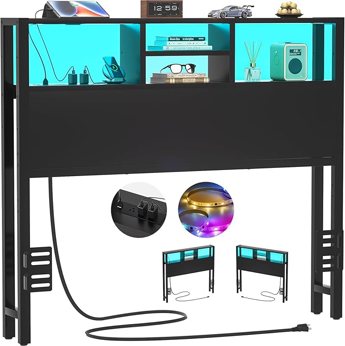 Aheaplus Headboard for Twin Size Bed with Storage, Headboards with Outlets, USB Ports and LED Light, Twin Size Head Board Only, Height Adjustable, Reversible, Sturdy and Stable Headboard, Black