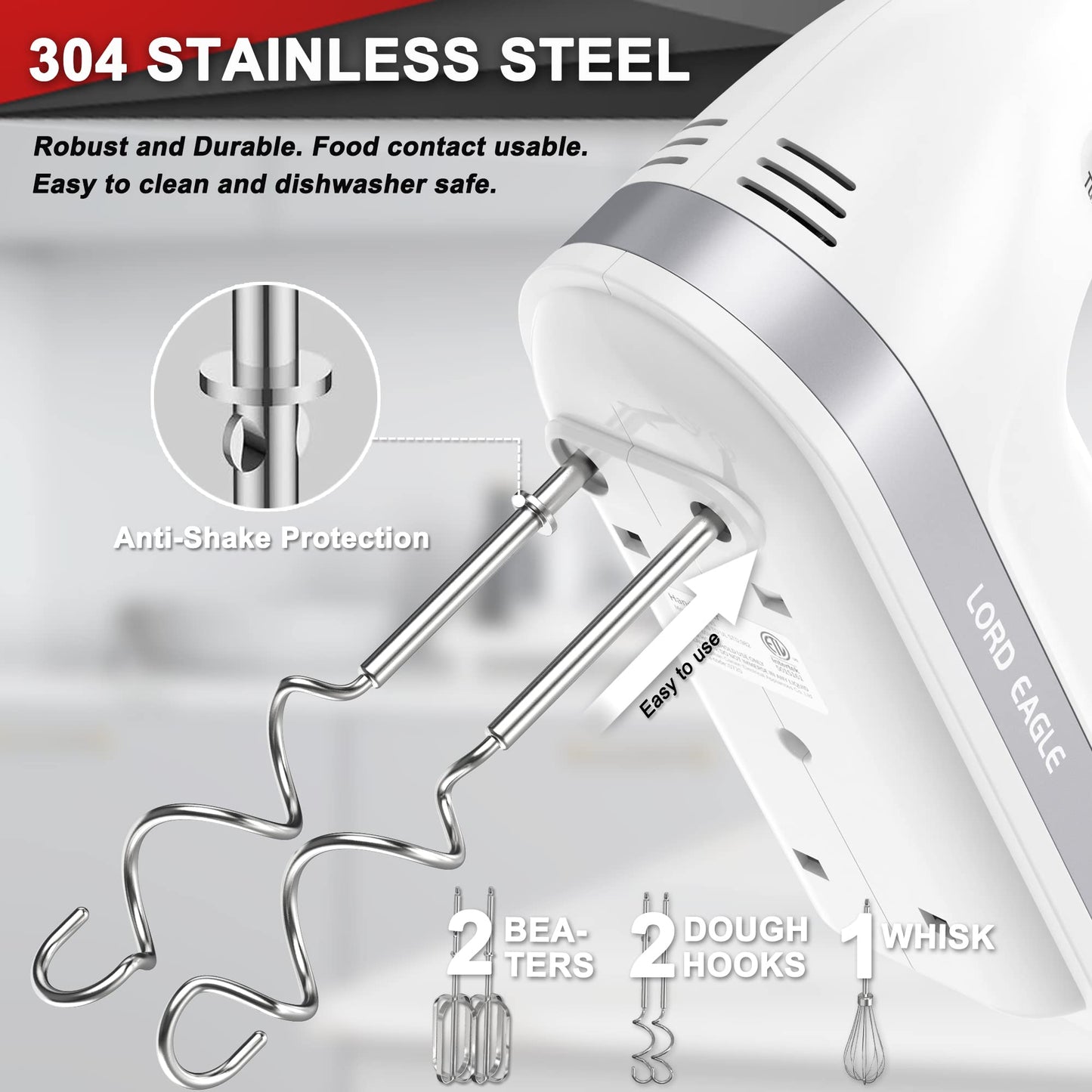 Lord Eagle Hand Mixer Electric Handheld 400W, 5-Speed Lightweight Kitchen Mixer with Storage Case, 5 Stainless Steel Attachments for Baking Cake Egg Cream Food Beater, Turbo+Eject Button