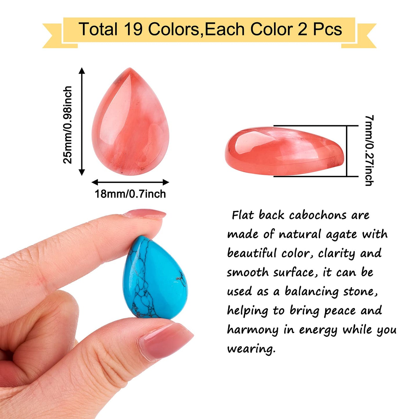 Fashewelry 38pcs Teardrop Healing Crystal Gemstone Cabochons 25x18mm Assorted Flatback Natural & Synthetic Energy Stone Cab Covers No Hole for Jewelry Craft Bracelet Necklace Making