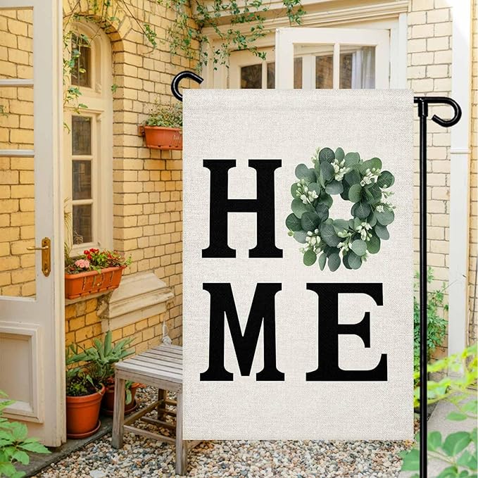 Home Green Eucalyptus Leaves Garland Garden Flags 12x18 Inch Double Sided Welcome Yard Flags for Outdoor Decor Retro Linen Yard Outside Seasonal Decoration