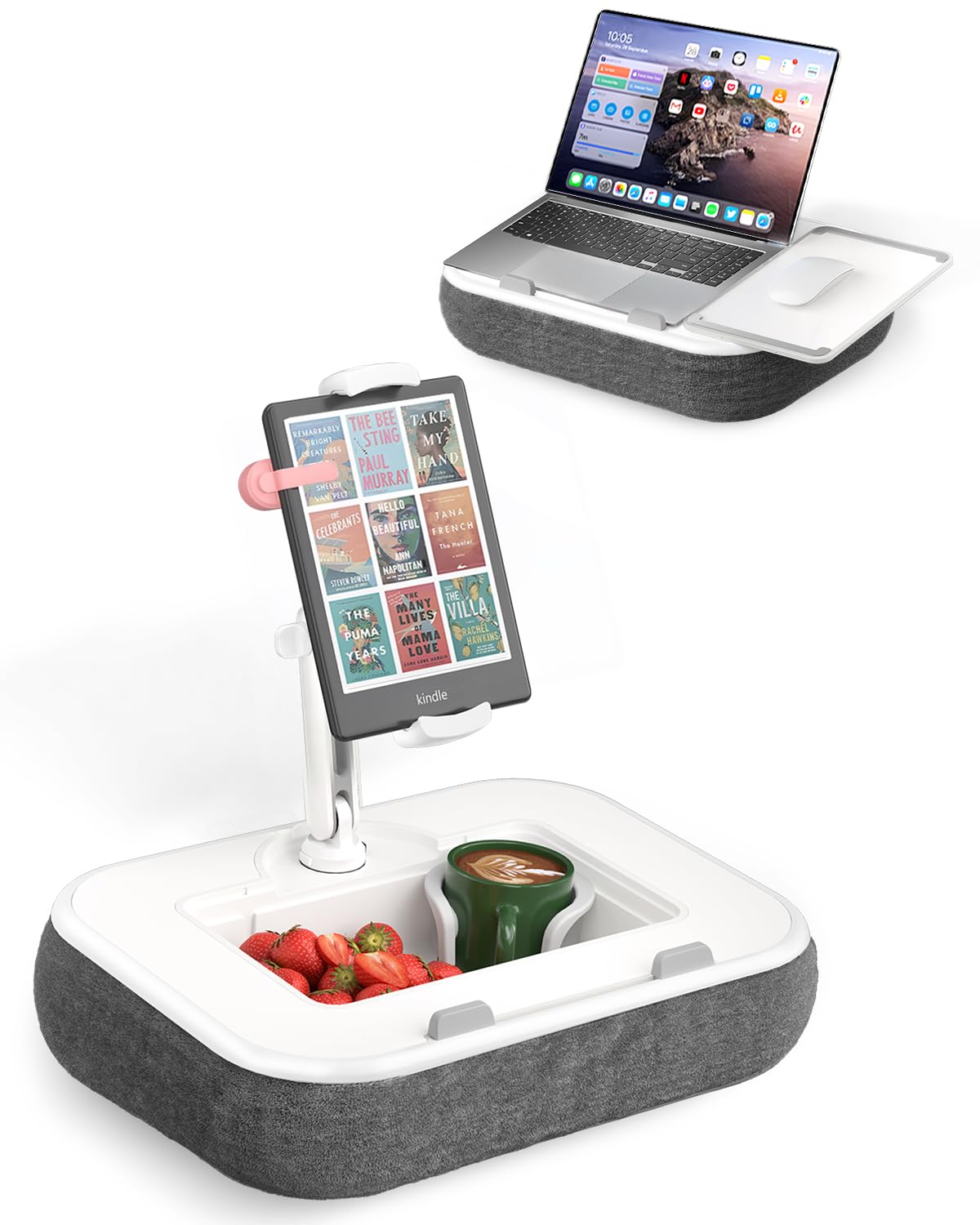 SupeDesk Laptop Lap Desk, Adjustable iPad Holder for Bed, 360° Swivel Tablet Arm, Laptop Desk with Mouse Pad, Snack Bowl & Cup Holder, Fits 4.7–13” Tablets & 15” Laptop