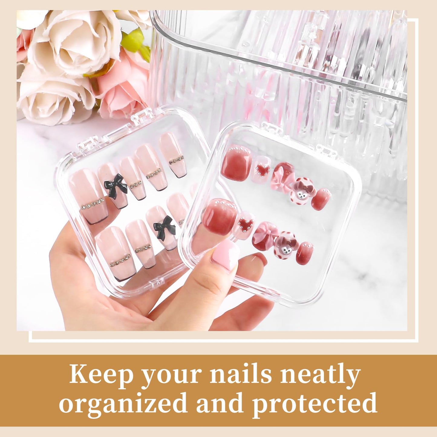 YINGJEE 15 Pcs Press On Nail Storage Box Container, Clear Press On Nail Packaging Box with 90 Pcs Adhesive Double Sided Tape, False Nail Organizer Case Nail Display Case for Nail Art Home Salon