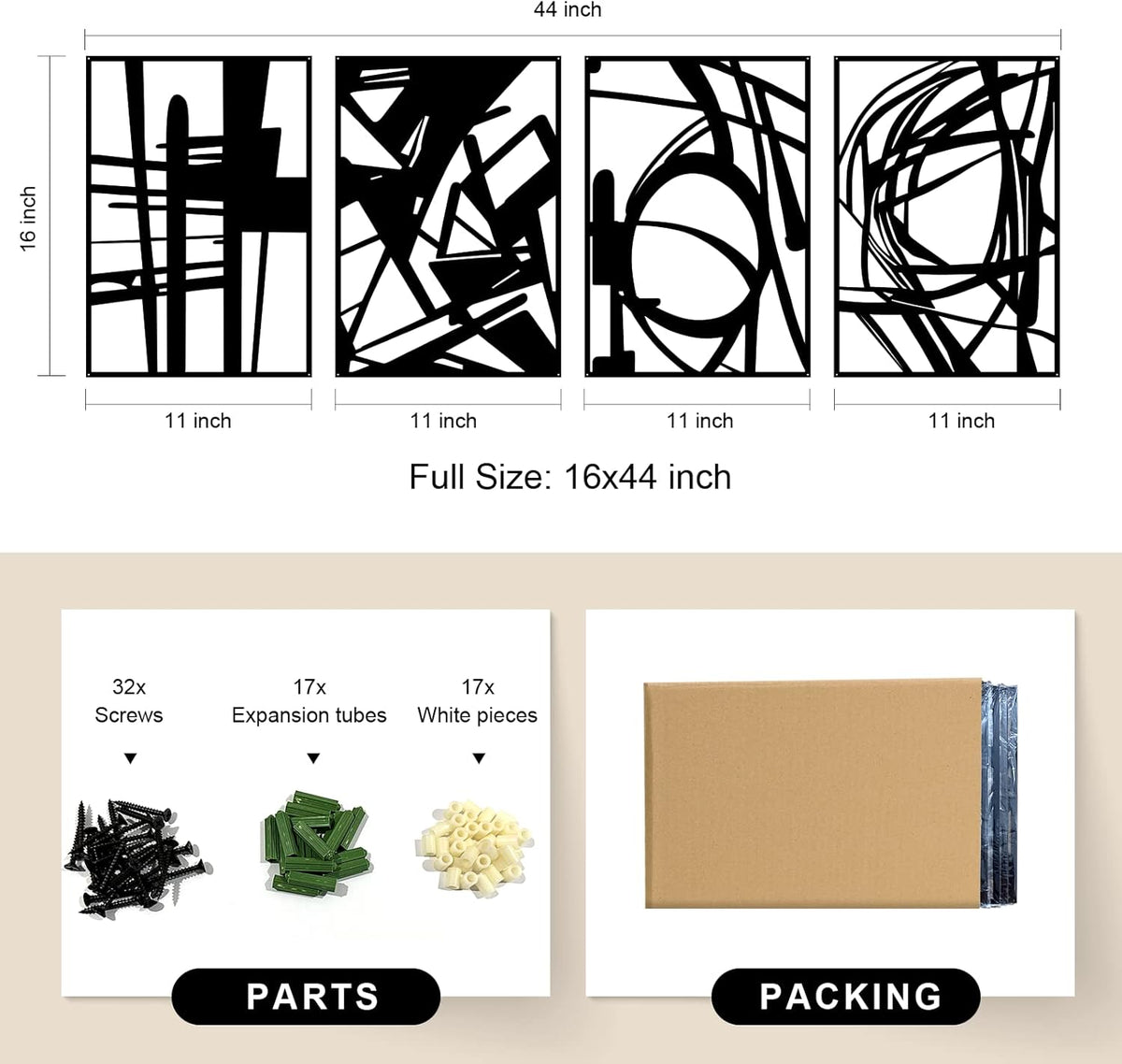 Glamativity Large 4 Pack Black Abstract Metal Wall Art, Minimalist Décor Single Line Art Wall Décor, 3D Textured Metal Wall Sculptures, for Living Room Bedroom Bathroom Study Room (Black, L Size 22.5