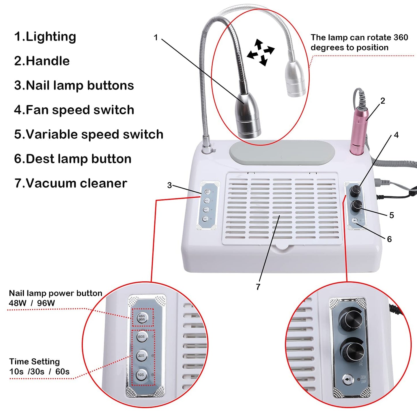 Nail Dust Collector Vacuum Multifunction Nail Art Machine,40W Nail Dust Collector for Acrylic,30000PRM Nail Drill with Bits and Sanding Bands, 48W/96W UV LED Nail Lamp, 6W Table Light, Hand Cushion