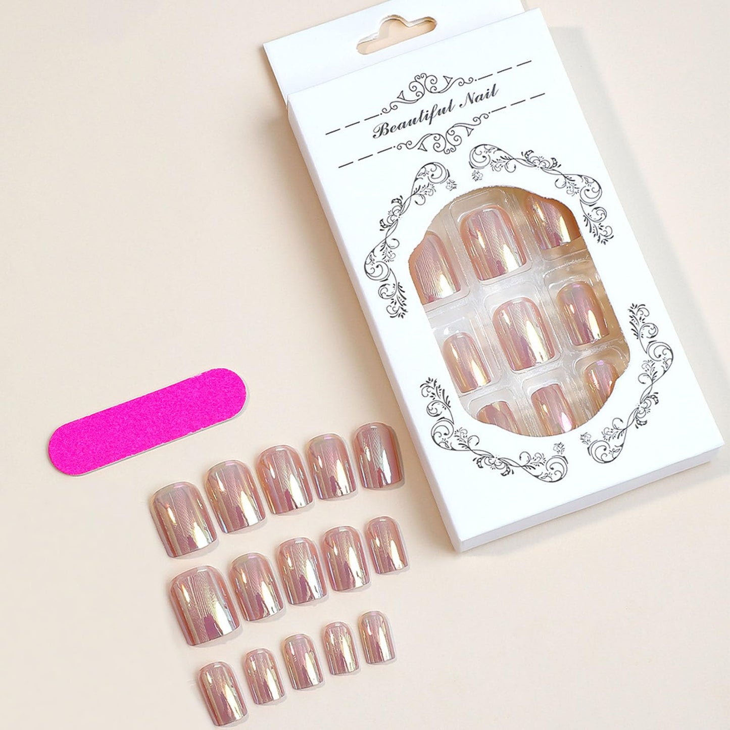 Transparent Press on Nails Short Square Acrylic Fake Nails Light Pink Transparent Design False Nail Press ons Chrome Manicure Set for Women 24Pcs