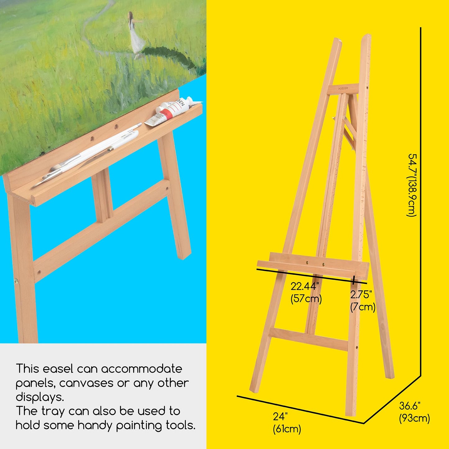 MEEDEN Art Easel Stand for Display - Adjustable Beech Wood Floor Easels for Painting, Holding Canvas up to 60", Ideal for Artist, Adults Painting Canvas, Drawing, Signs - Middle