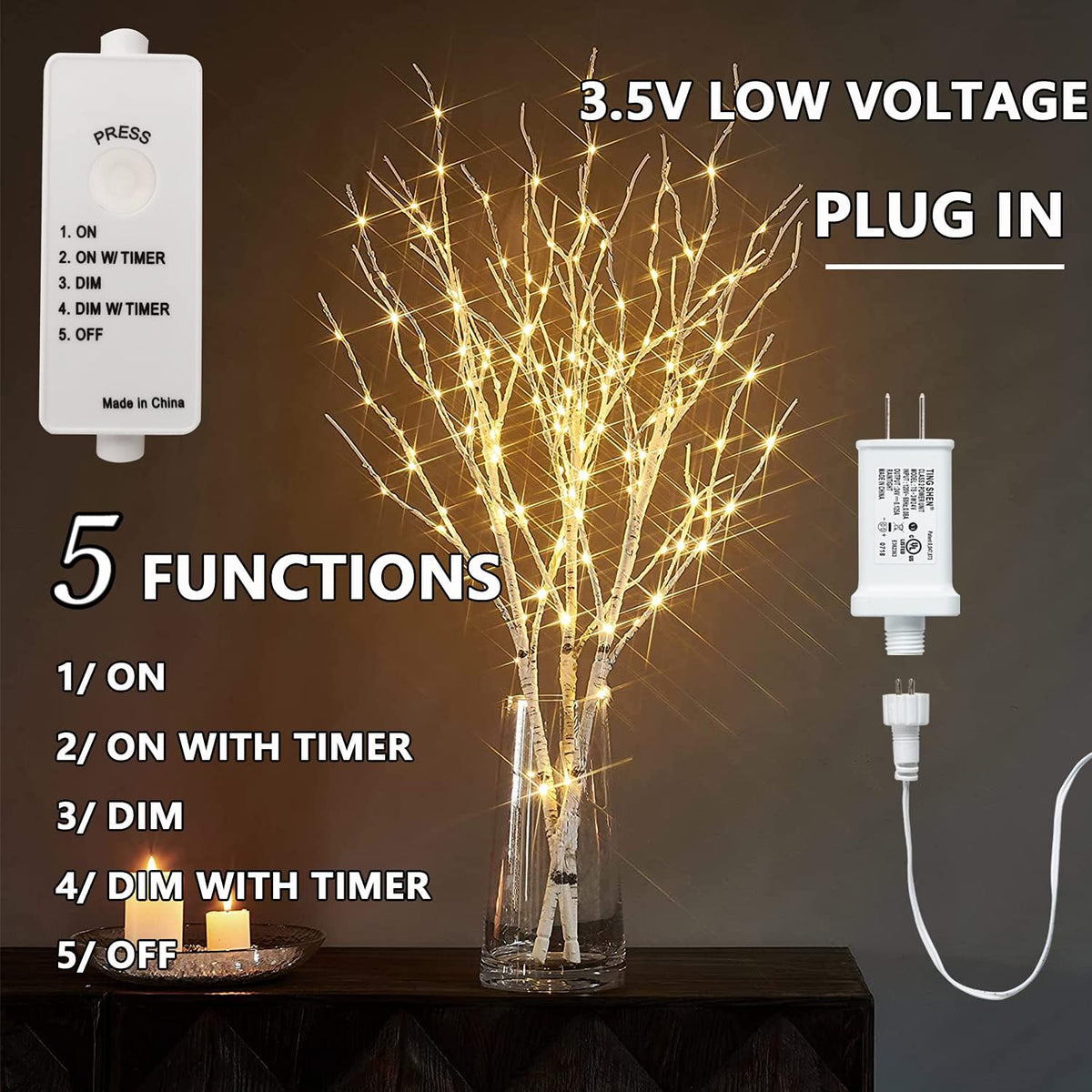 Fudios Lighted Branches 150 LED Fairy Lights with Timer 32in Plug in, Electric Lit White Birch Twigs for Vase Christmas Inside Outside Decor 1 Set