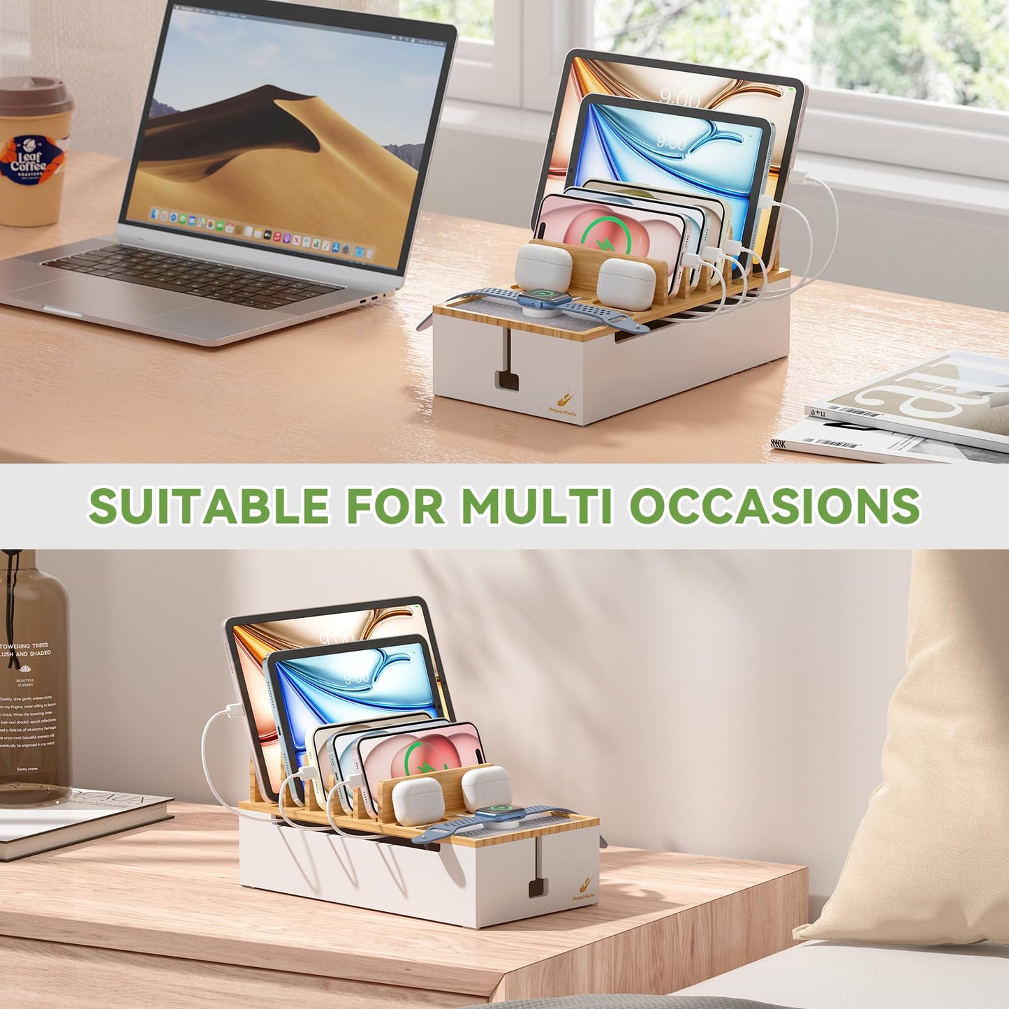 Pezin & Hulin Bamboo Cable Management Box, Wire Organizers for Cords, Charge Station Box, Desktop Dock Organizer Rack for Electronic Device (Include 6 Cables)(No Power Adapter) -Natural + White