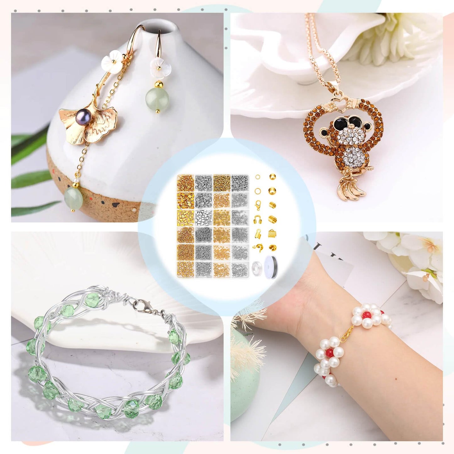 2384Pcs Crimp Beads Supplies for Jewelry Making, Including Crimp Bead Covers, Crimp Tubes, Bracelet Clasps and Closures, Crimp Ends, Jump Rings, Crimping Pliers and Beading Wire for Bracelets Making