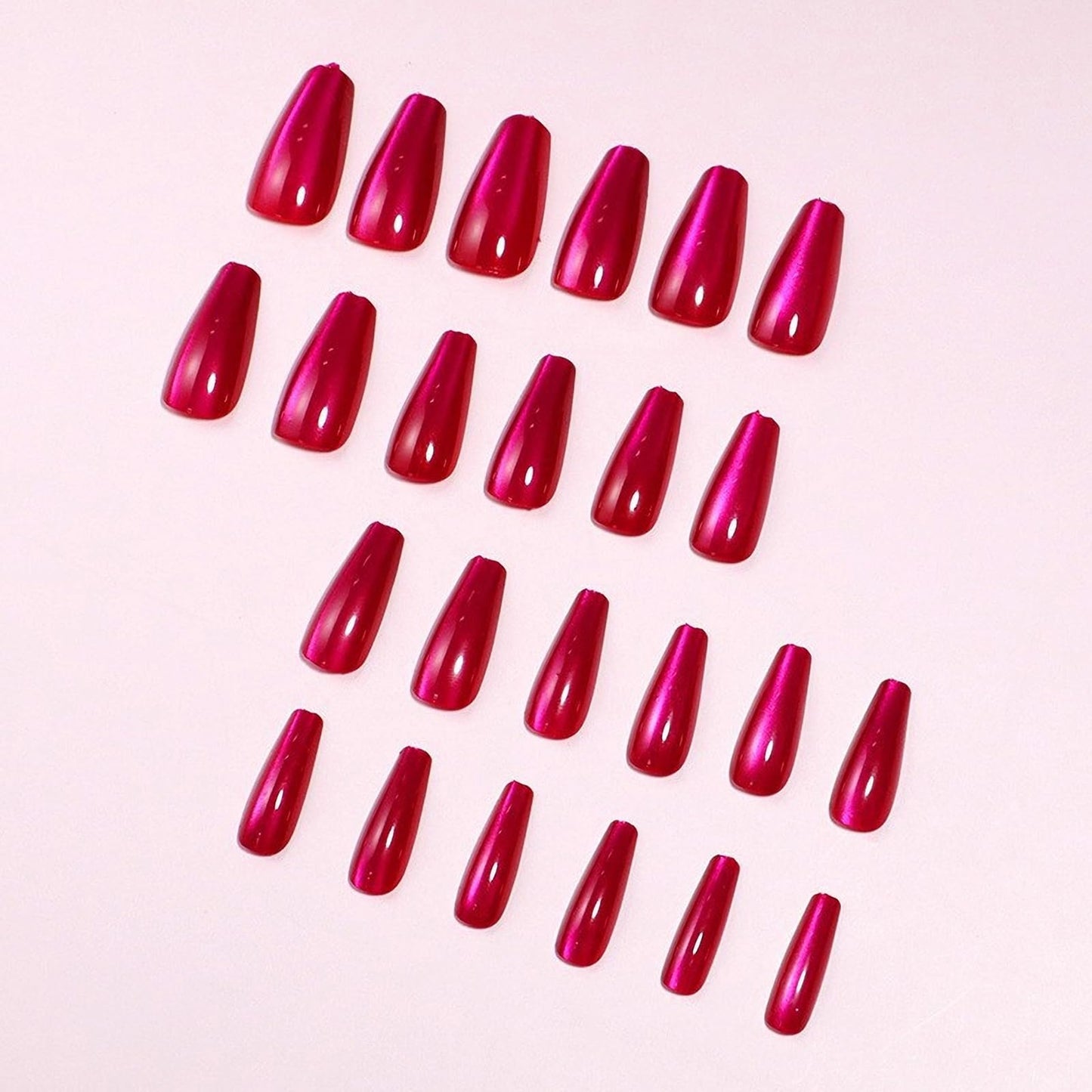 MISUD Press on Nails - Long Coffin Fake Nails with Summer Hot Pink Cat Eye, Acrylic Bling Glitter Design 24 pcs