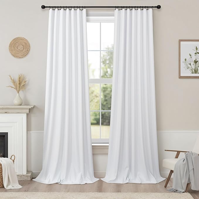 Black Out Curtains 72 Inch Long 6 ft Length 2 Panel Set Neutral Cute Blackout White Linen Look Living Room Darkening Window Drape for Bedroom Insulated Thermal Curtain for Winter Cold UV Cooling 52x72