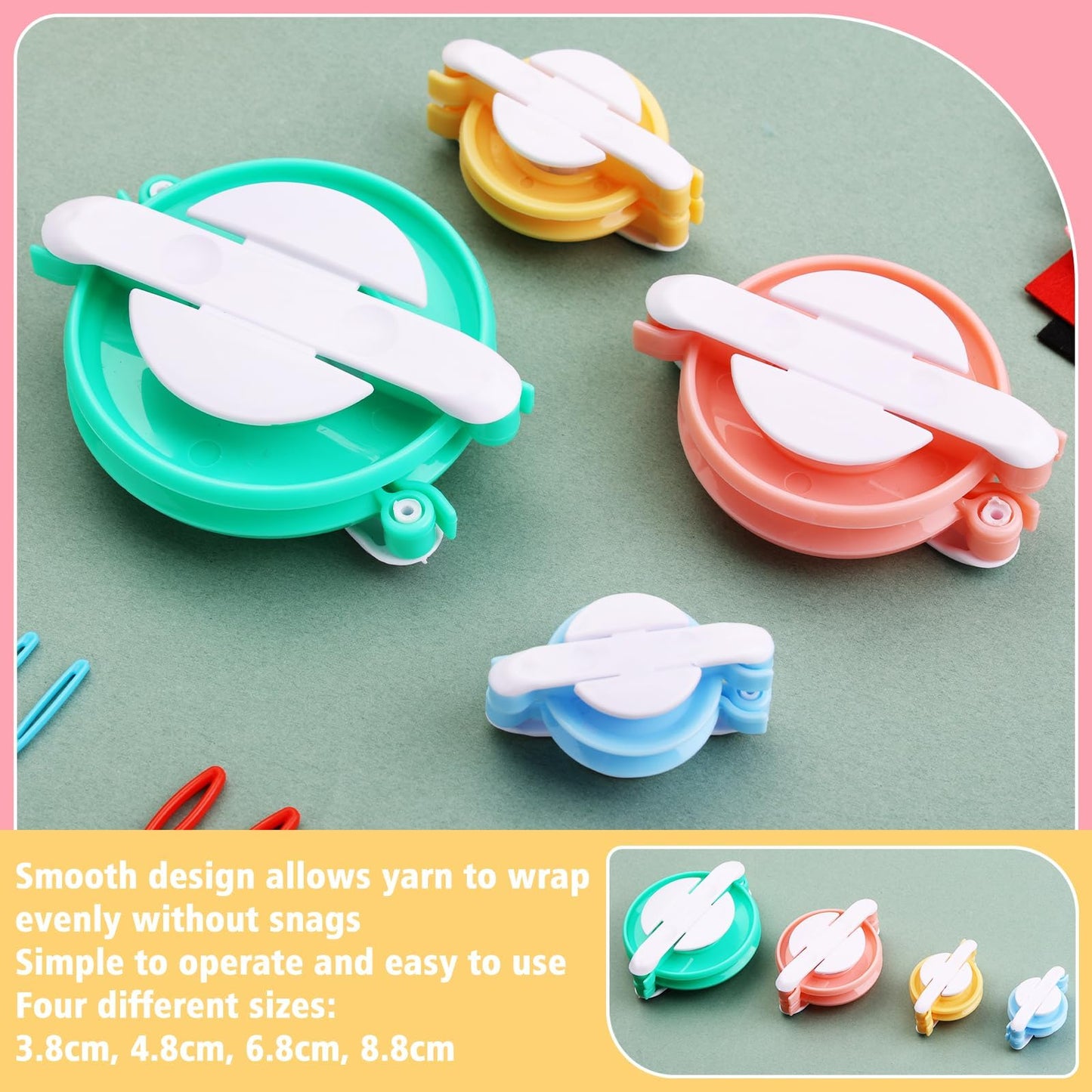 FTEVEN 41Pcs Pom Pom Maker, 8 Size Pompom Maker Kits with Warped Head Scissor and Instruction, Used for Fluff Ball Weave DIY Crochet Knitting, Pom Pom Maker for Yarn Knitting Craft Project