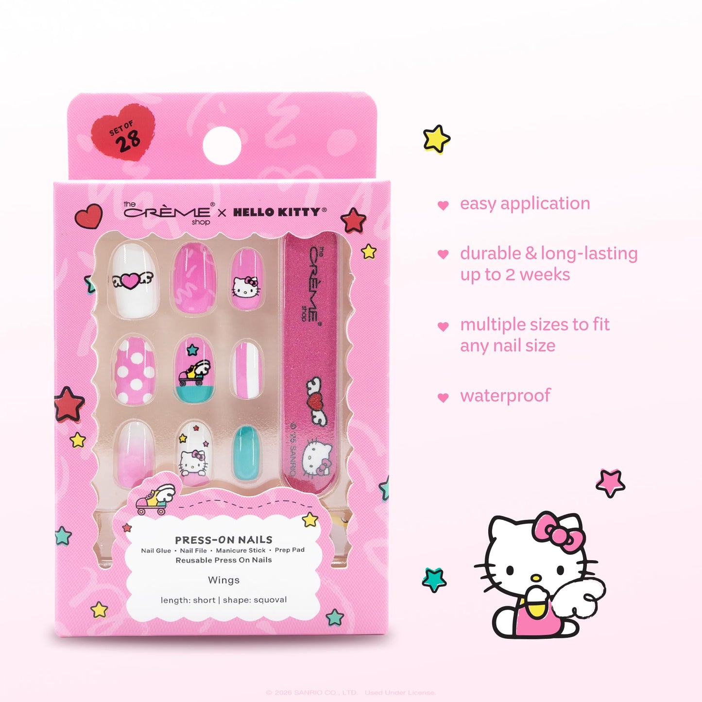 The Crème Shop x Hello Kitty Wings Collection Press On Nails, Short Squoval Shape, 28 Nails Kit with Glue and Tools (Wings Pink)