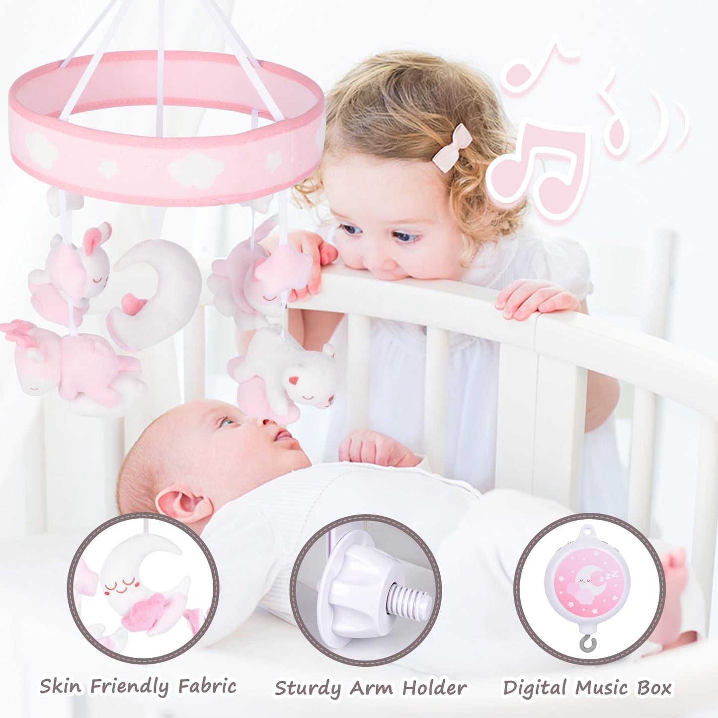 Yierchoo Baby Mobile for Crib with 12 Lullabies Digital Musical Box, Spiral Car Seat & Stroller Activity Toy, Pink Design for Nursey Decor