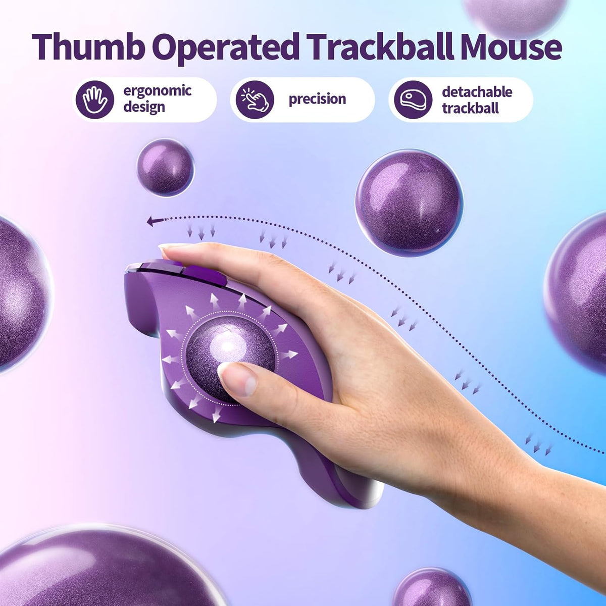 seenda Wireless Trackball Mouse, Bluetooth Rollerball Thumb Control Mice Ergonomic, Rechargeable, Multi Devices Connection Compatible for Mac/Android/Windows Computers - Purple