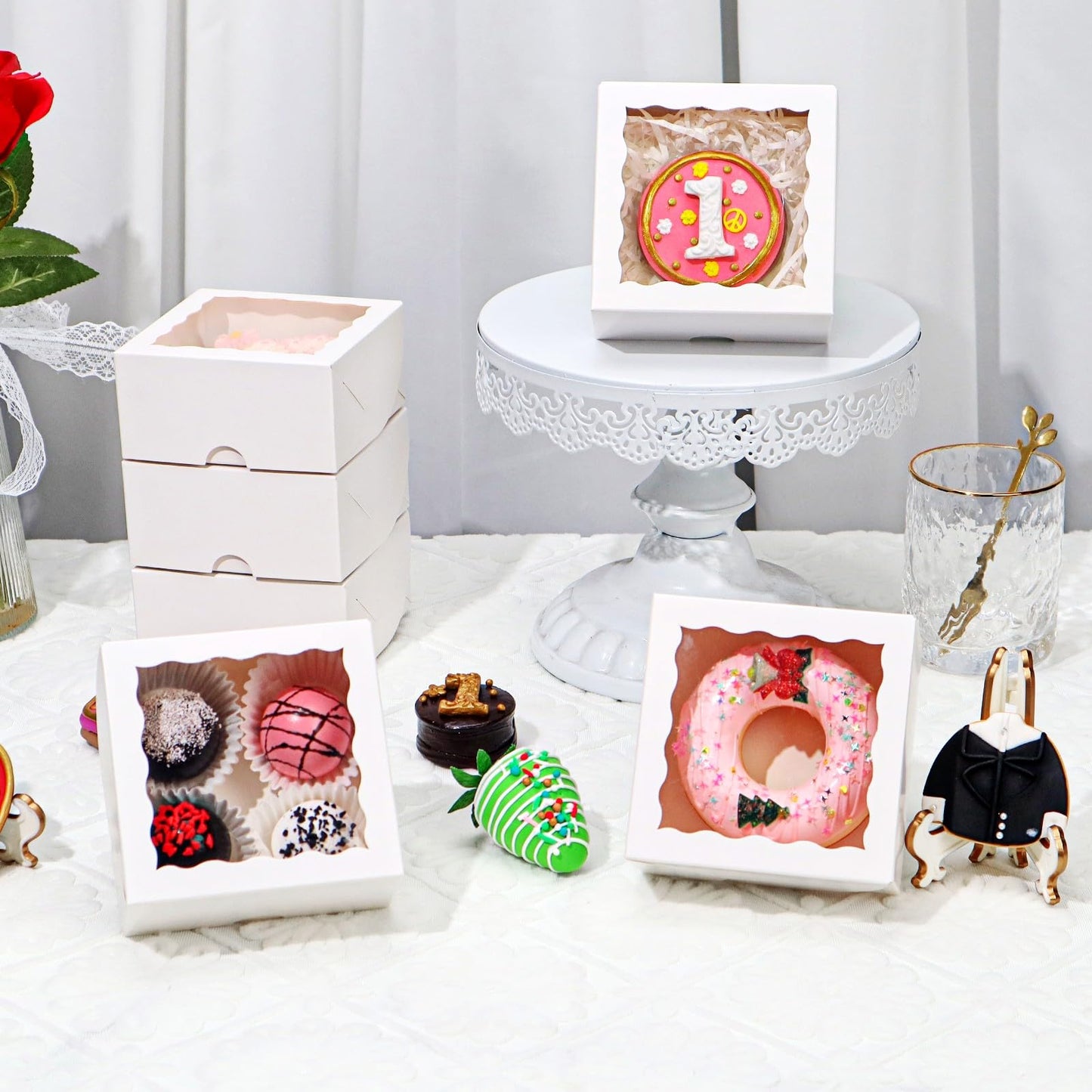 JCXGRVC 50Pack 4x4x2 Inch Cookie Boxes with Window Bakery Boxes Treat Boxes Truffle Boxes Party Wedding Favor