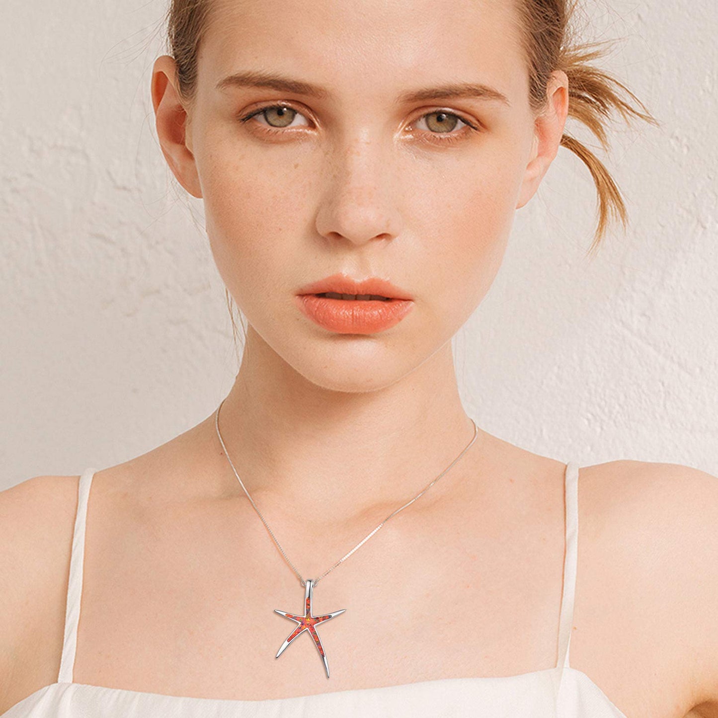 Cuoka Fire Opal Necklace 925 Sterling Silver Starfish Pendant Nautical Beach Sea Ocean Jewelry Valentine Gift for Women Girlfriend with Box