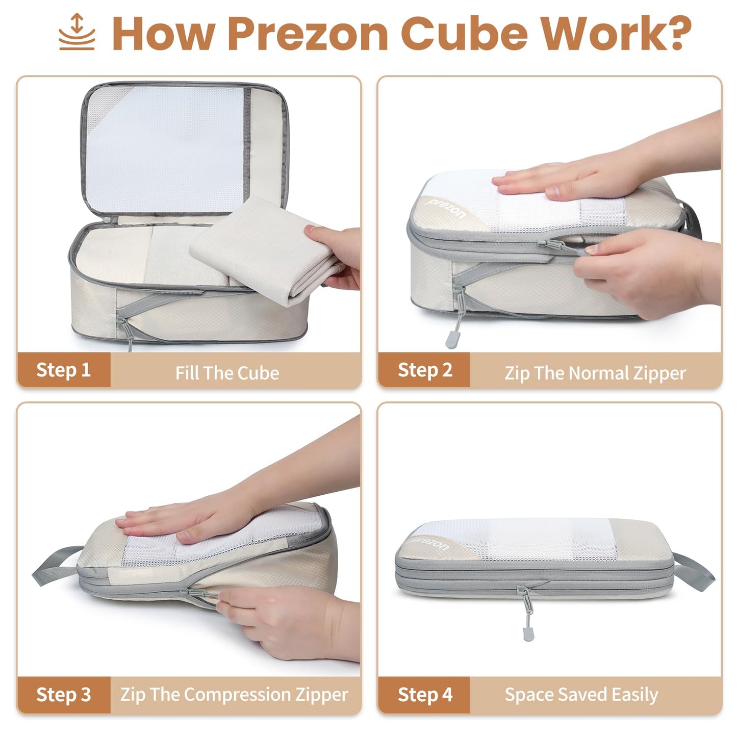 Prezon Compression Packing Cubes for Travel, Lightweight Vacation Travel Essentials, Travel Accessories for Suitcase Organizer Bags Set, Durable Luggage Organizer, 6 set, half mesh, Beige