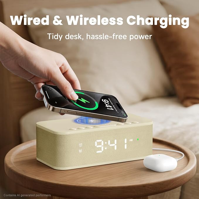 Digital Alarm Clock White Noise, Loud Digital Alarm Clocks Bedrooms, Alarm Clock Speaker Wireless Charger AUX USB Bluetooth Speaker 12/24H Dual Alarm Snooze Adjustable Brightness, Cream