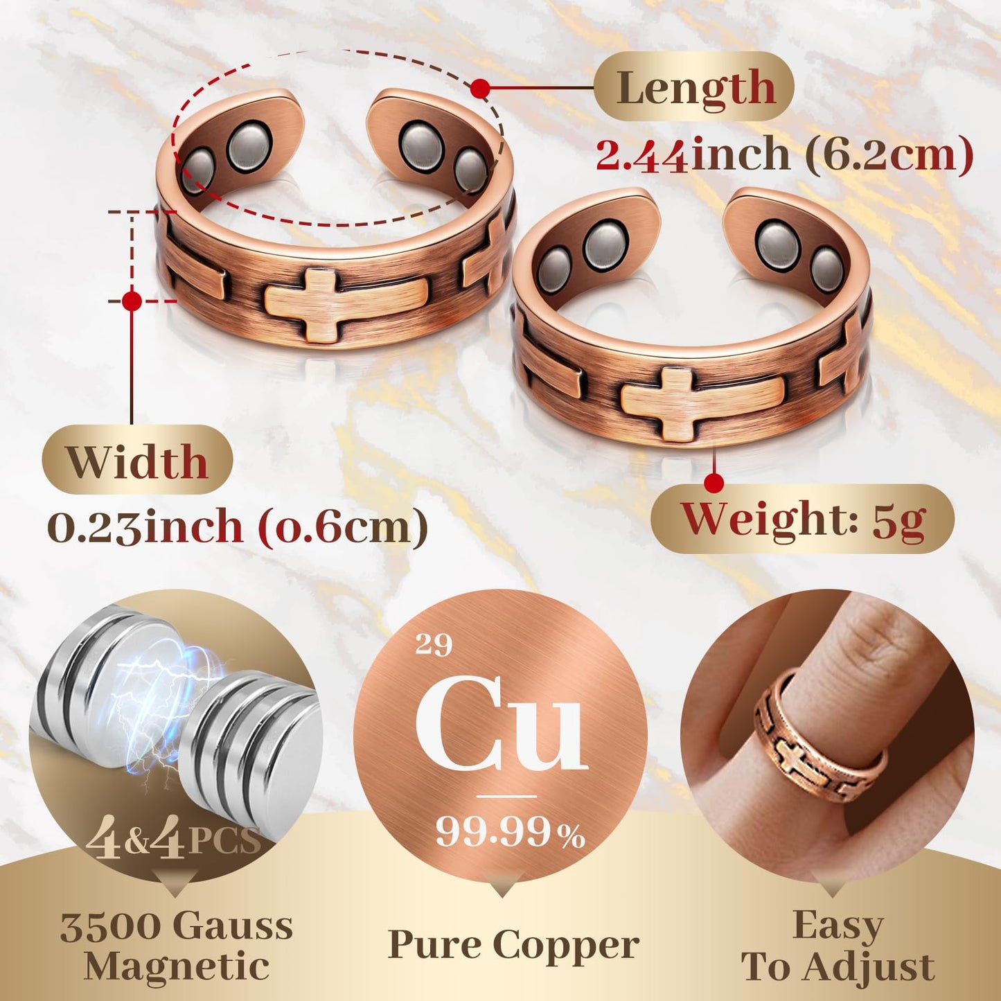 Copper Rings for Women, Magnetic Rings with 3500 Gauss Effective Magnets, 100% Pure Copper Jewelry Gift with Gift Box