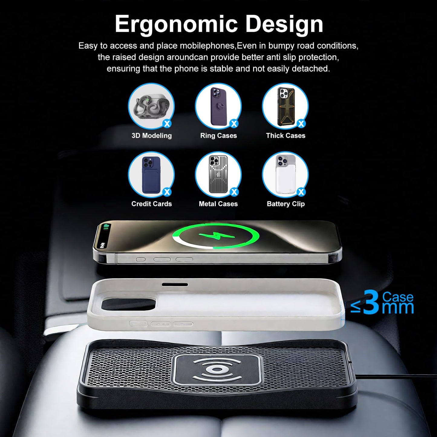 Wireless Car Charger, 15W Max Wireless Charger for Car, Non-Slip Charging Pad Compatible with iPhone 17/16/15/14/13/12, Samsung Galaxy S25-S9 (Type-C)