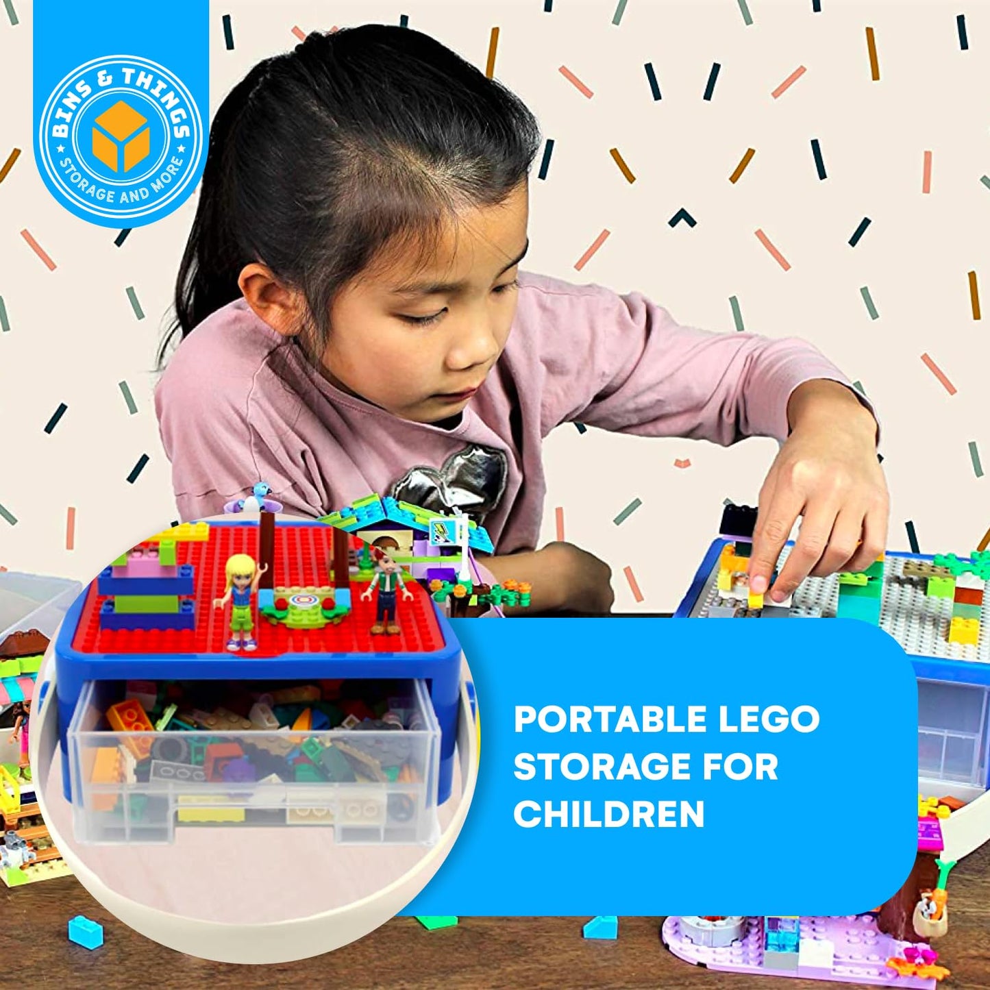 Bins & Things Bin Box Organizer for Small Toys - Travel Toy Set Carry Case with Built-in Lid - Sturdy Storage for Mini Blocks - Portable Toy Storage - Blue and Red