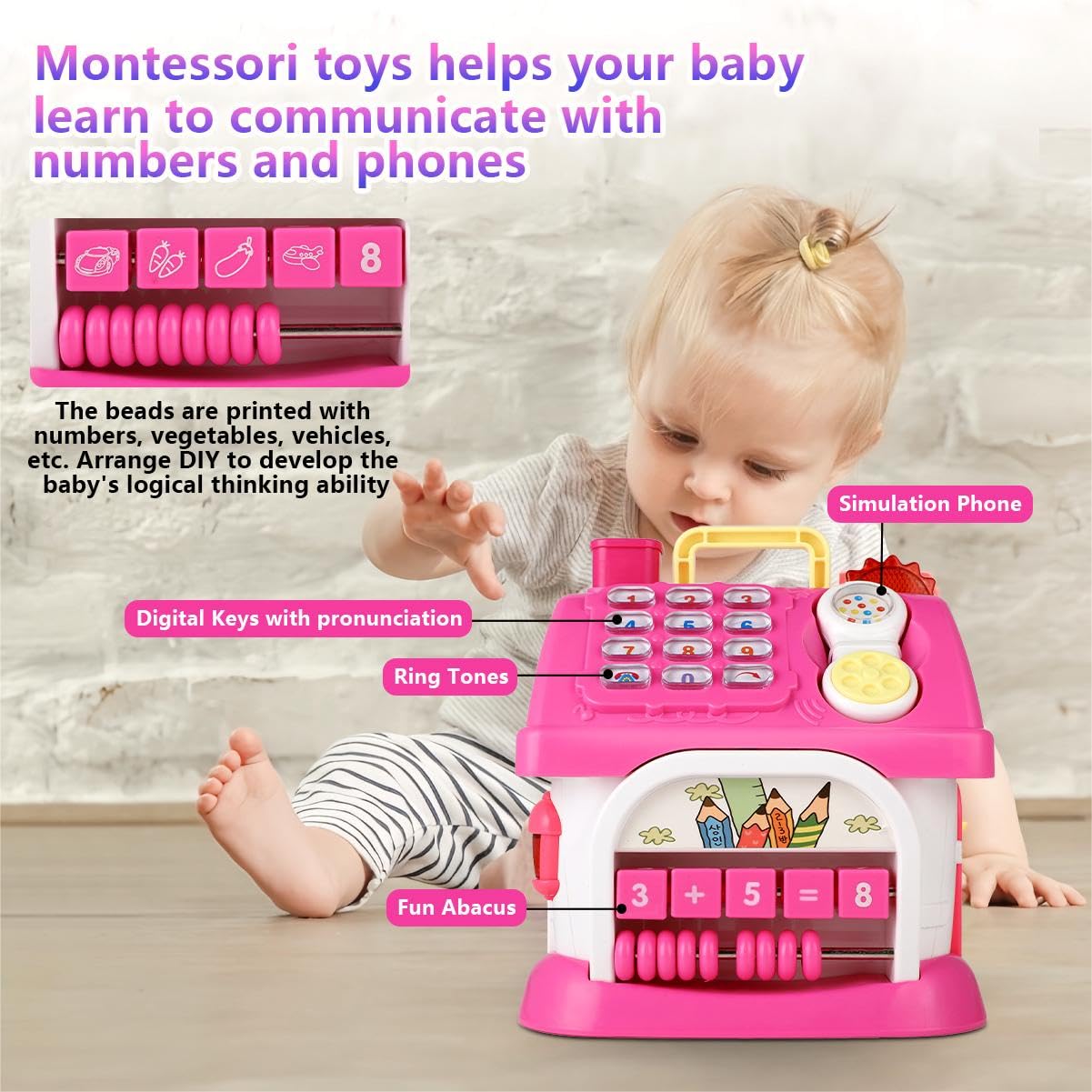 OKREVIEW Montessori 8-in-1 Bilingual Musical Activity House | EN/ES Learning Toy with Volume Control & Travel Handle | Develops Fine Motor Skills for 1-3 Year Old Toddlers & First Birthday Gift