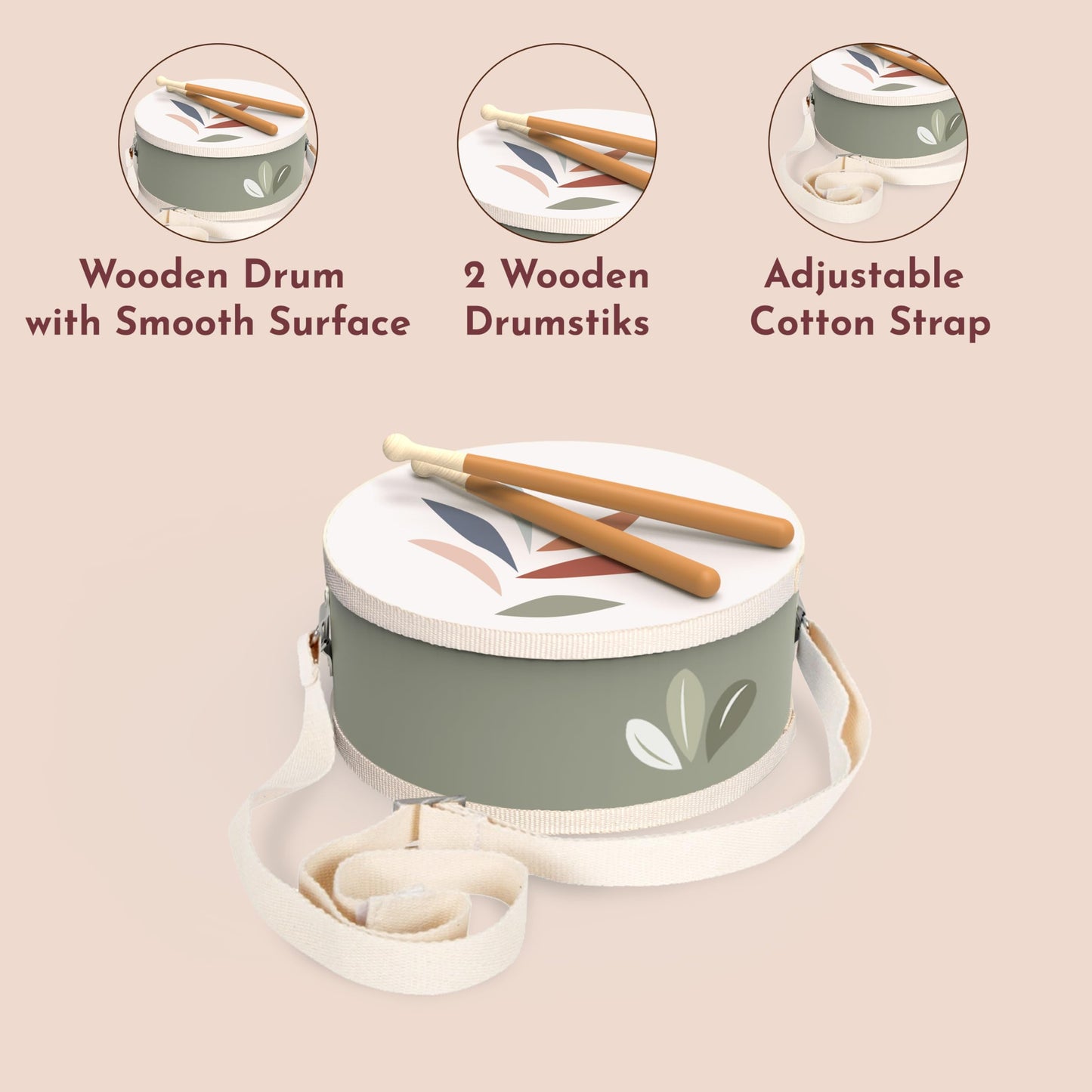 SPEEDY MONKEY Wooden Kids Drum Set for Musical Play | Toddler Percussion Toy with Adjustable Strap & 2 Drumsticks | Supports Rhythm, Creativity & Early Learning for Kids Ages 3+