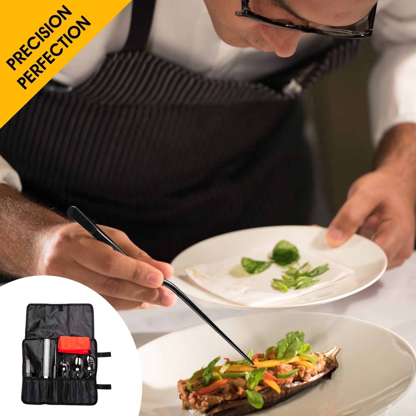 7 Pc Black Plating Tools Culinary Set (Professional Chef Utensils)| Chef Kit with 3 Plating Spoons, 3 Chef Plating Tweezers, Offset Spatula. Bundled with Zester Tool Set and Silicon Basting Brush