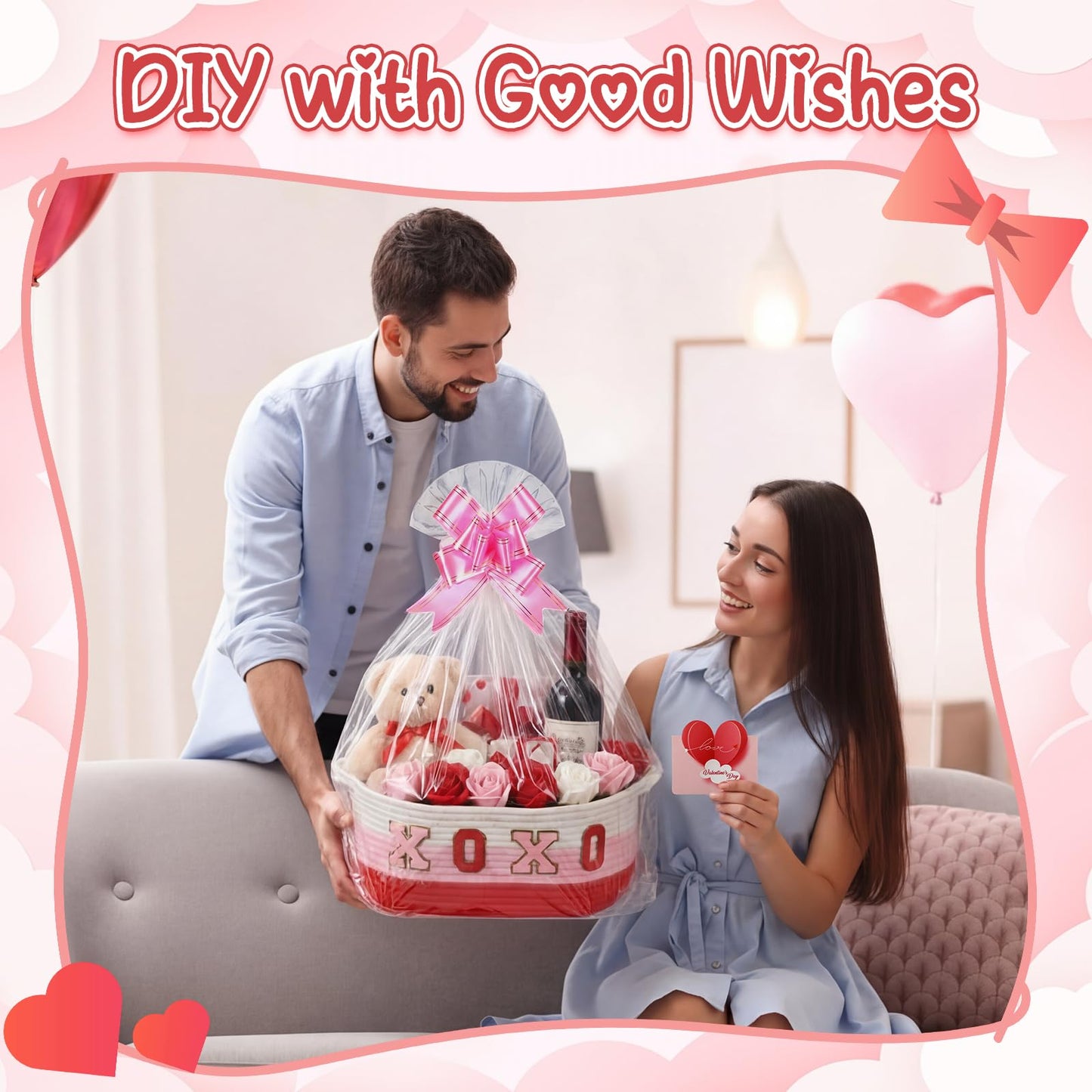 8 Set Valentines Day Gift Basket Woven Empty Basket with Cellophane Bags Pull Bow Greeting Card & Letter Stickers Empty Decorative Gifts Chest Box with Handles for Party Favors Baby Shower (Small)
