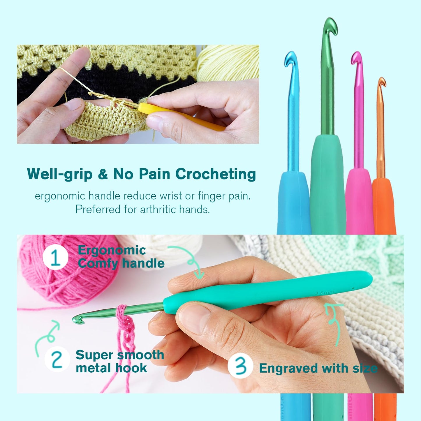 YOJOB Crochet Hooks Set (12 Sizes), Super Smooth 2.0mm-8.0mm Ergonomic Soft Grip Crochet Needle Kit with Accessories and Crochet Case