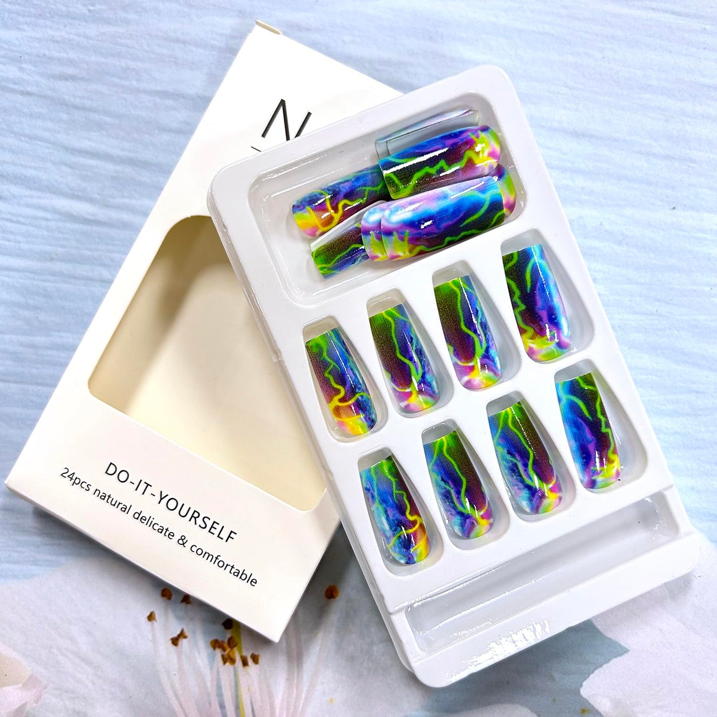 Press On Medium Square Aurora Green Lightning Design False Nails - Full Cover Artificial Acrylic Coffin Nails - Reusable Glue On DIY Stick On Nails for Women - 24Pcs