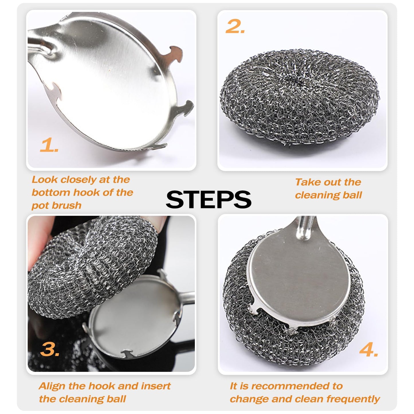 Heavy Duty Stainless Steel Scrubber Set - Long & Short Handle with 5 Steel Wool Pads, Cast Iron & Pot Scrubber for Dishes, Pans, Grills, Stoves
