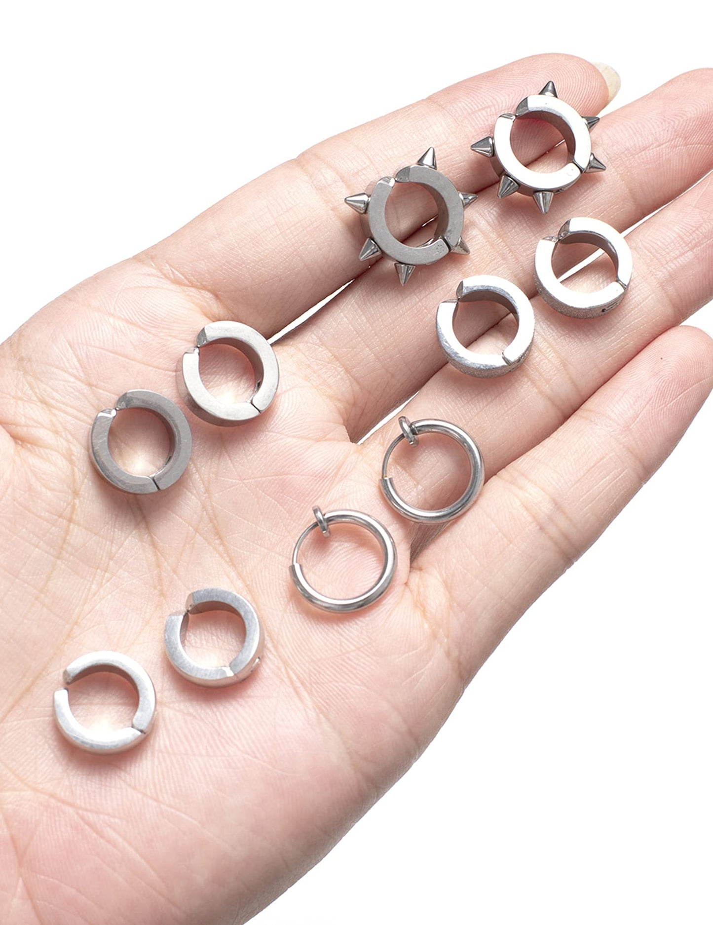 Ofeiyaa 12 Pairs Magnetic Stud Earrings Stainless Steel CZ Hoop Punk Feather Dangle Hinged Non-Piercing Earrings Clip on Magnet Earring Set for Women Men Silver Plated