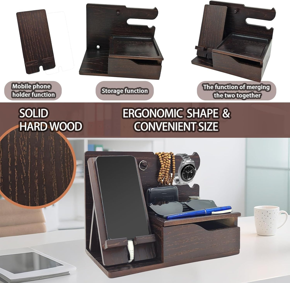 3-in-1 Wood Phone Docking Station Organizer with Drawer & Hidden Charging Hole for Phone, Keys, Glasses & Accessories, for Men (Brown, 01)