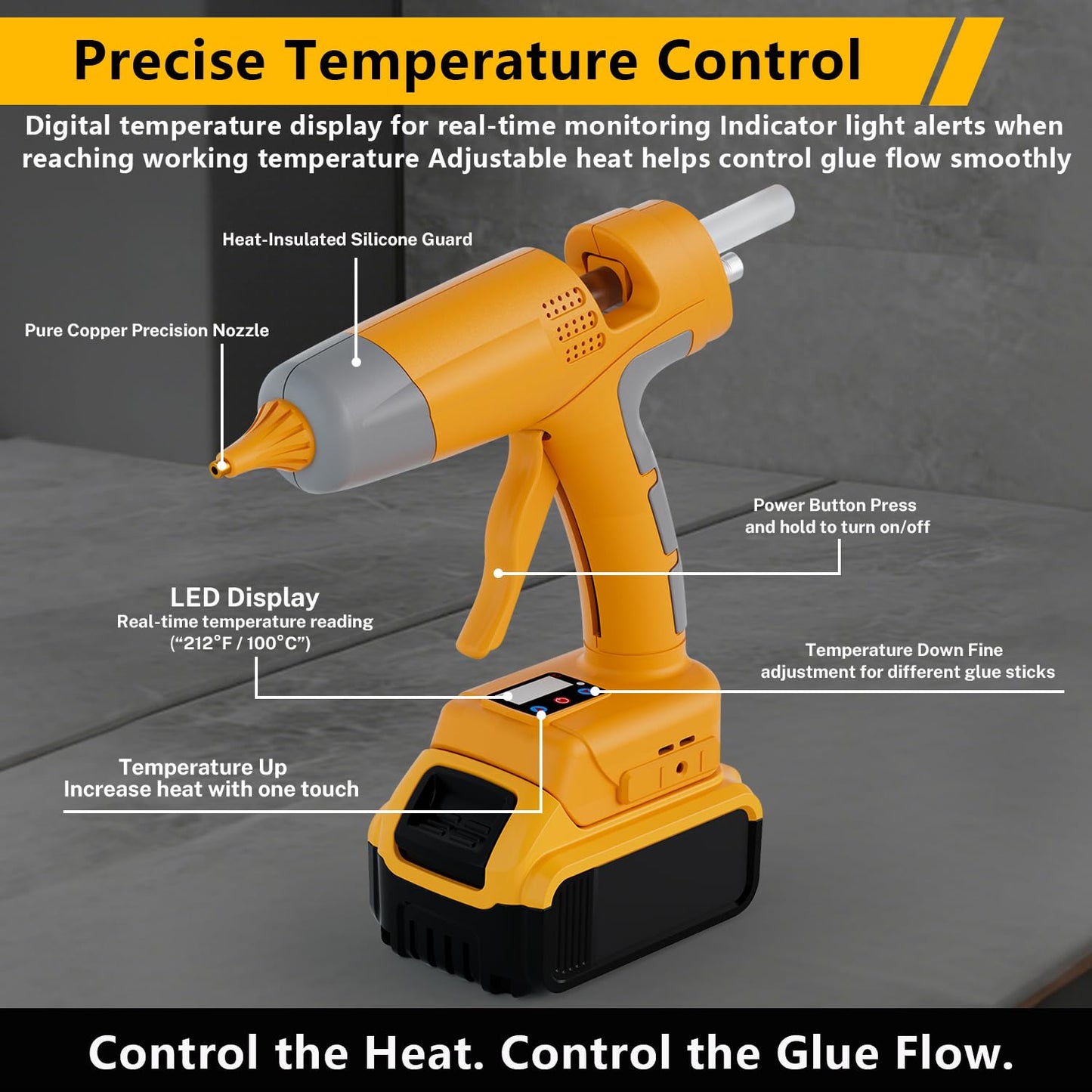 DTEZTECH Cordless Hot Glue Gun Compatible with DeWalt 20V Max Battery, Fast Preheating Electric Glue Gun Kit with 10 Glue Sticks for Arts, DIY (Tool Only, No Battery)